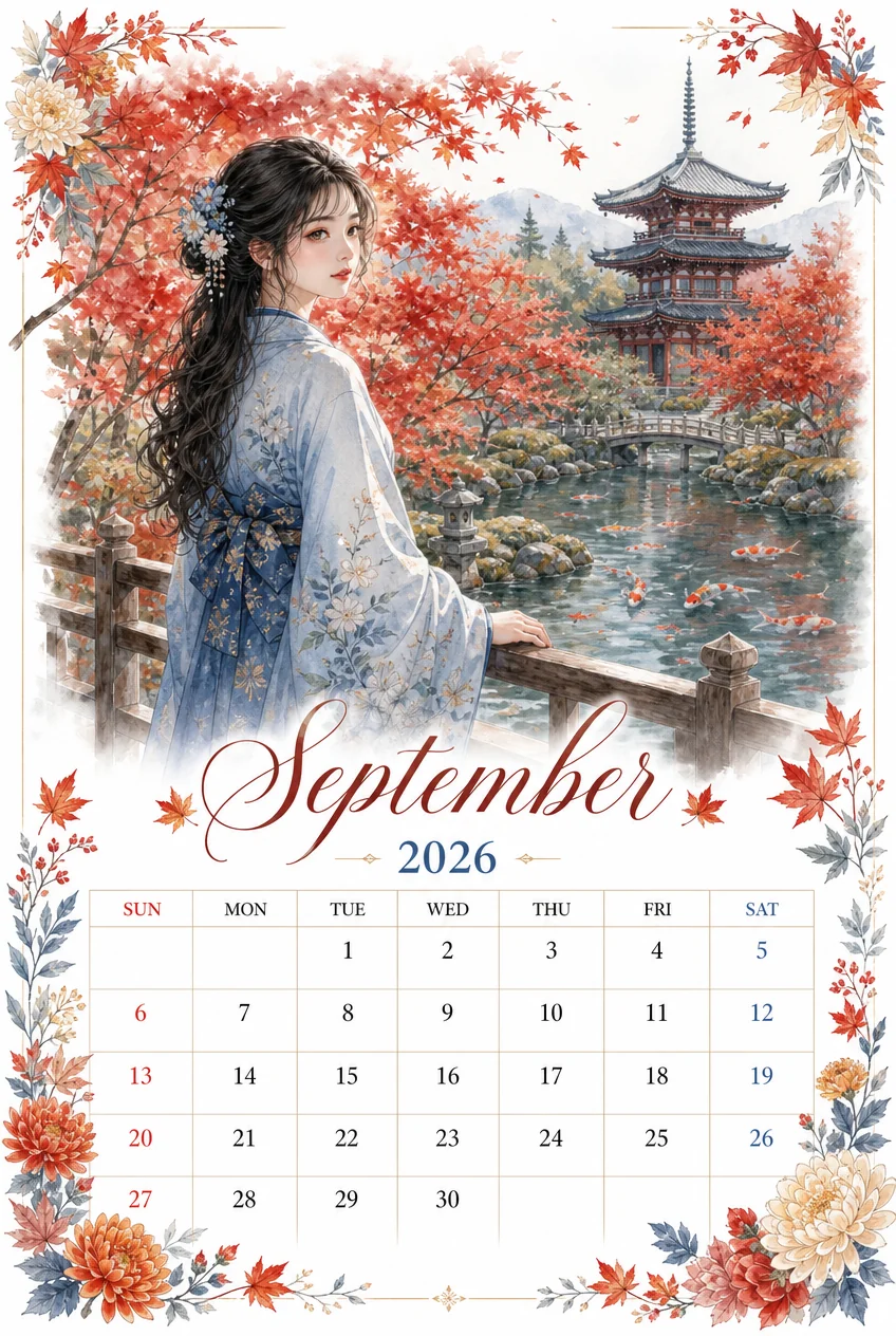 Printable watercolor kyoto maple garden calendar sheet