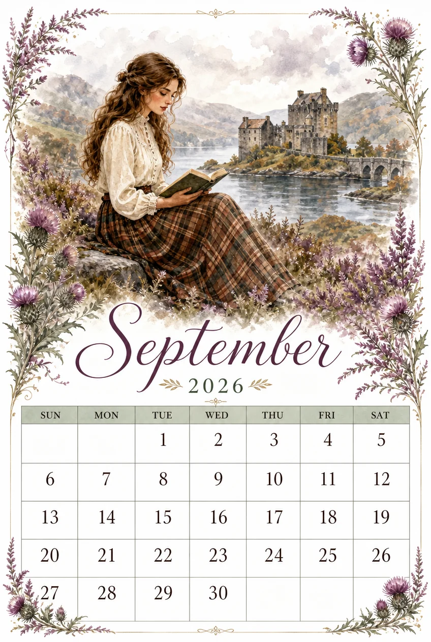 Printable watercolor scottish castle reading calendar sheet
