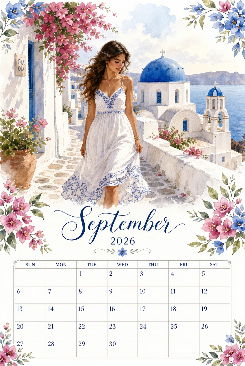 Printable watercolor santorini blue domes calendar sheet