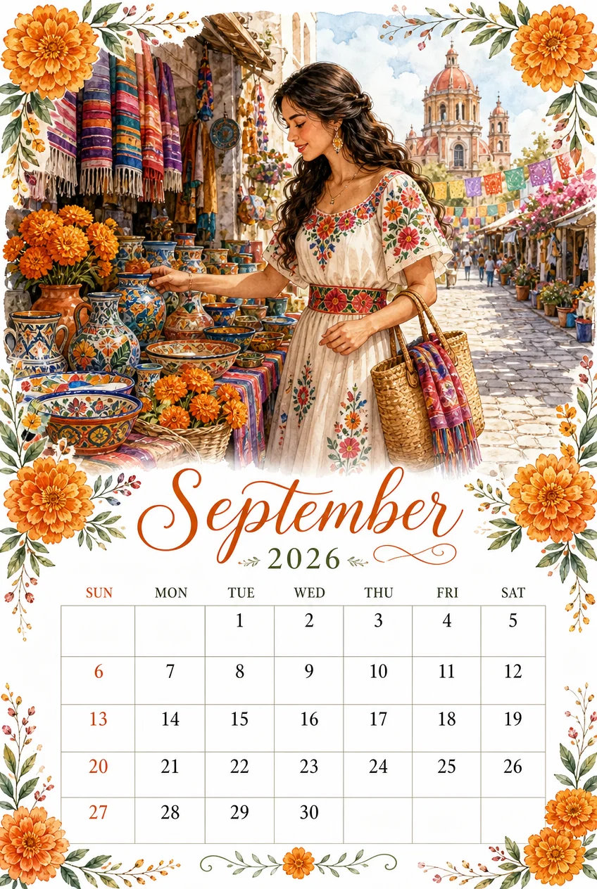 Printable watercolor mexican pottery market calendar sheet