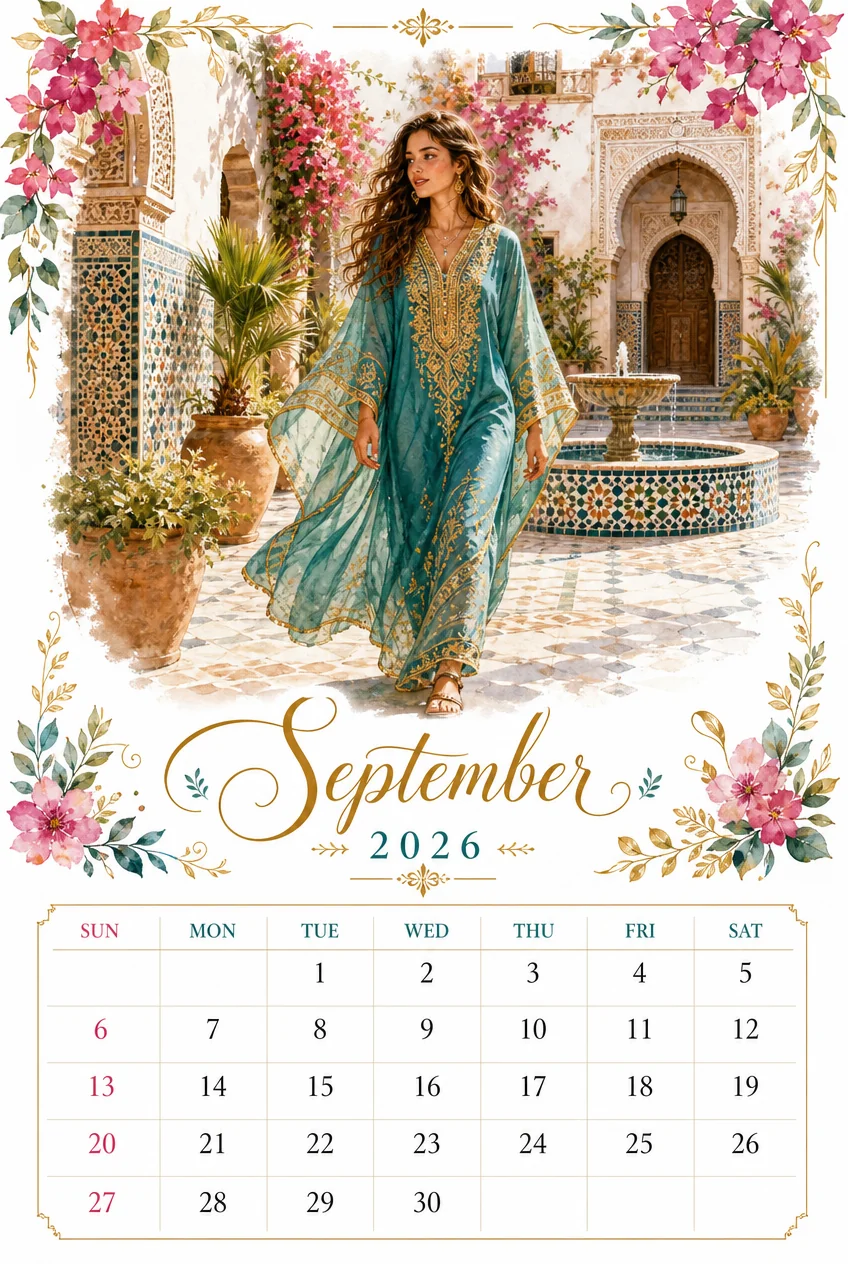Printable watercolor moroccan courtyard calendar sheet
