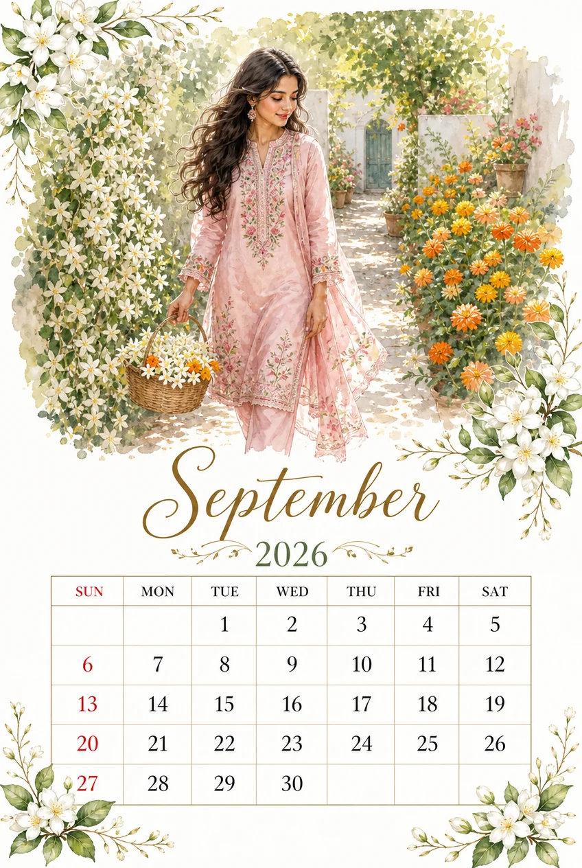Printable watercolor jasmine courtyard walk calendar sheet