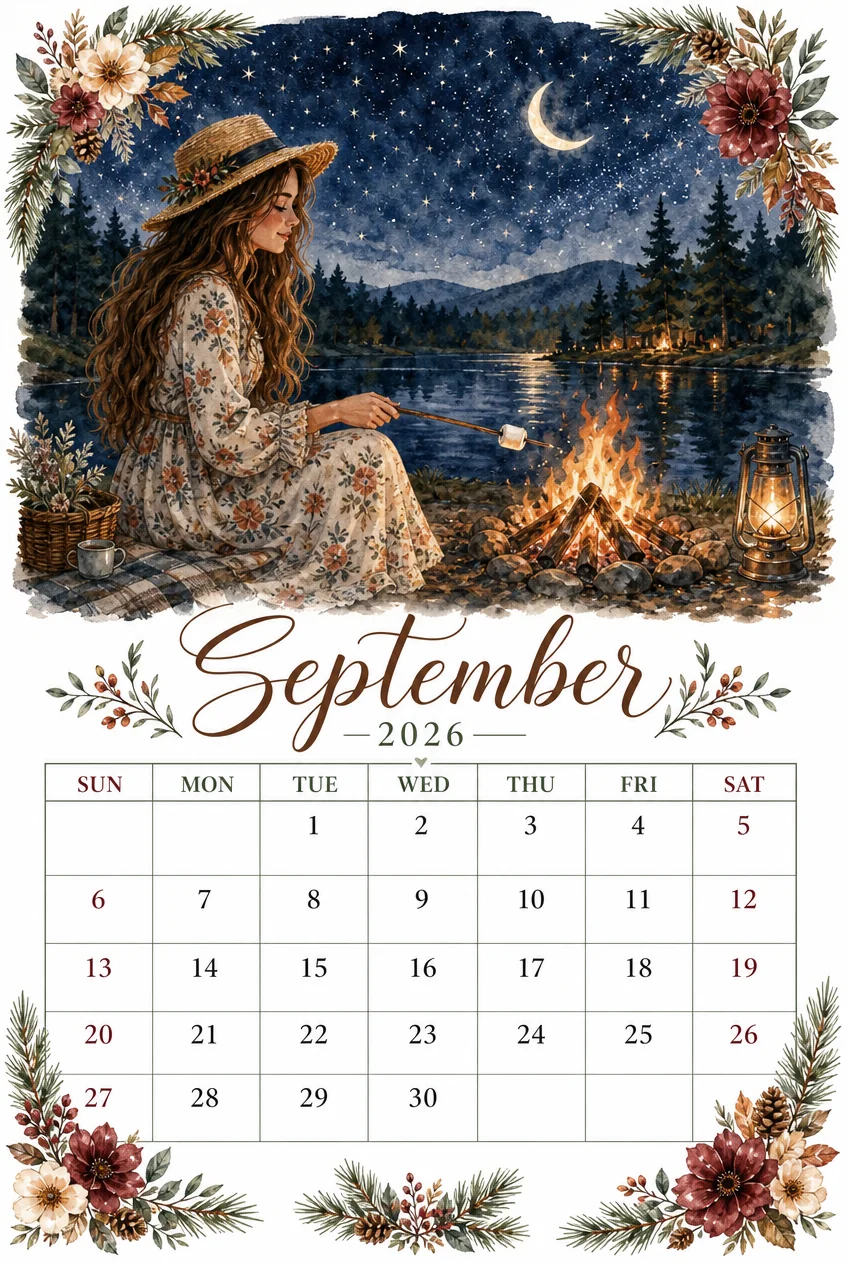 Printable watercolor lakeside campfire calendar sheet