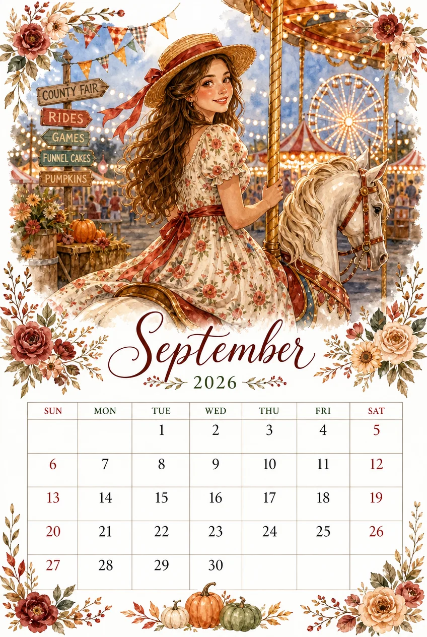 Printable watercolor county fair carousel calendar sheet