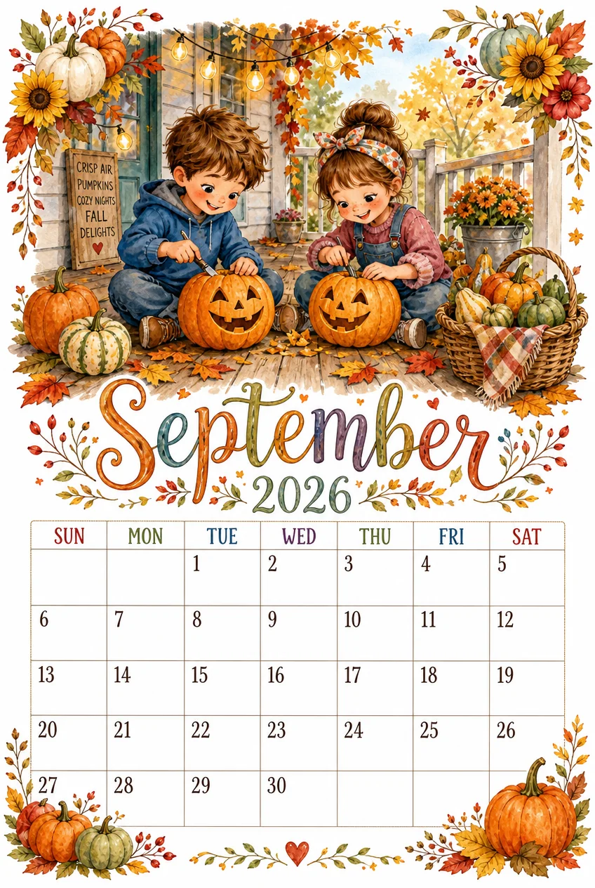 Printable watercolor kids pumpkin carving calendar sheet