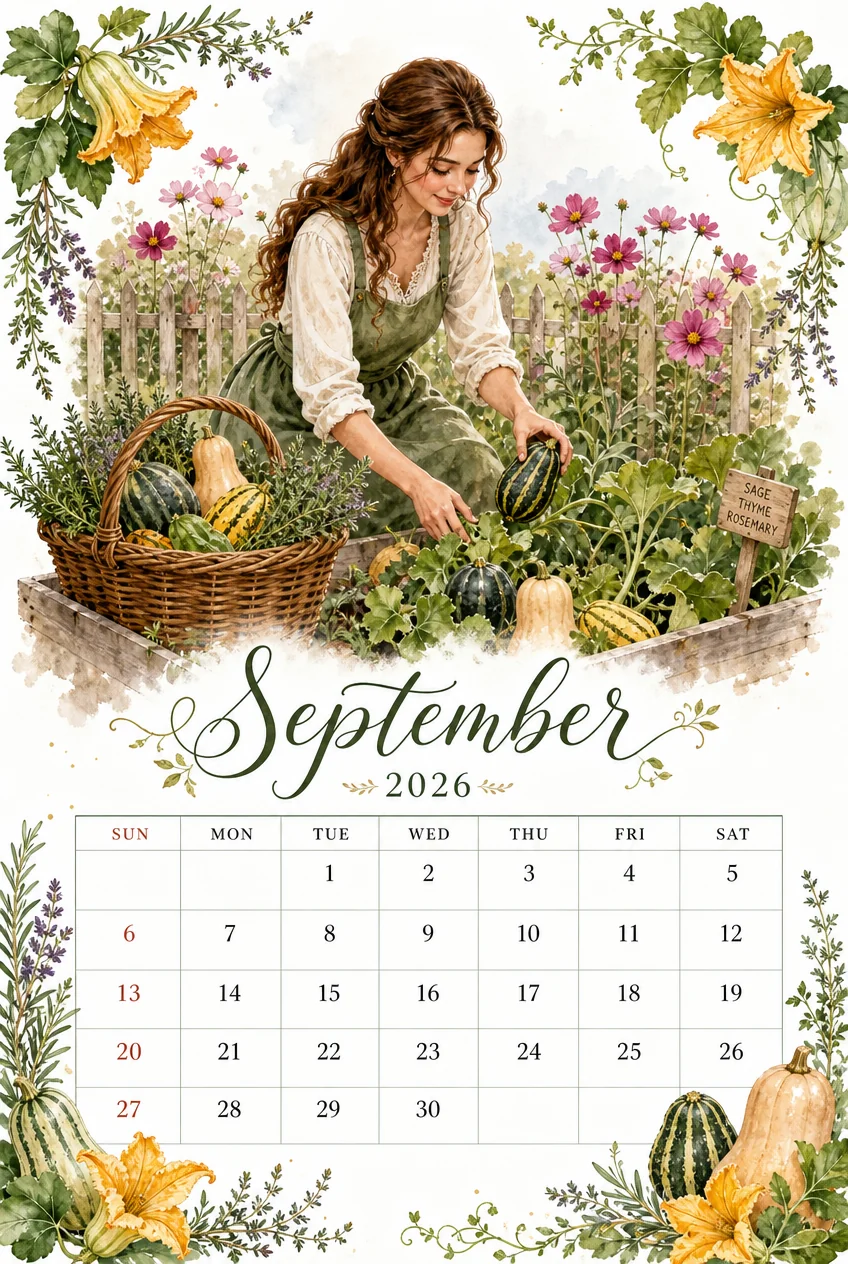 Printable watercolor kitchen garden harvest calendar sheet