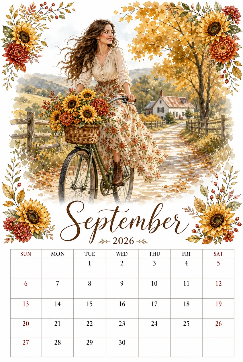 Printable watercolor sunflower bicycle ride calendar sheet