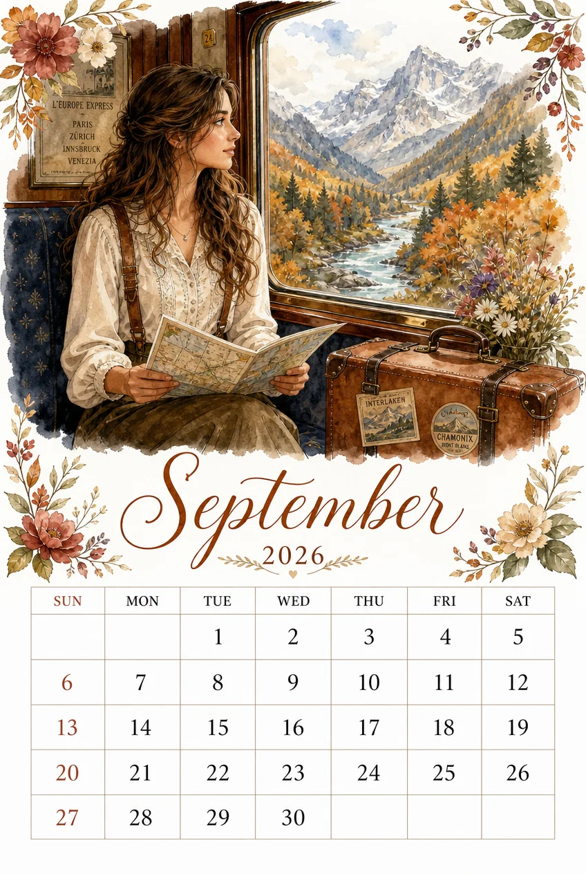 Printable watercolor alpine train journey calendar sheet