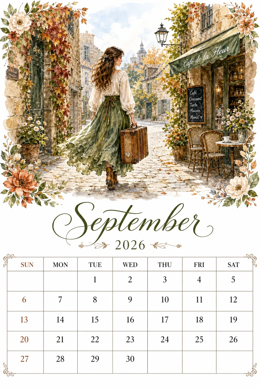 Printable watercolor village street traveler calendar sheet