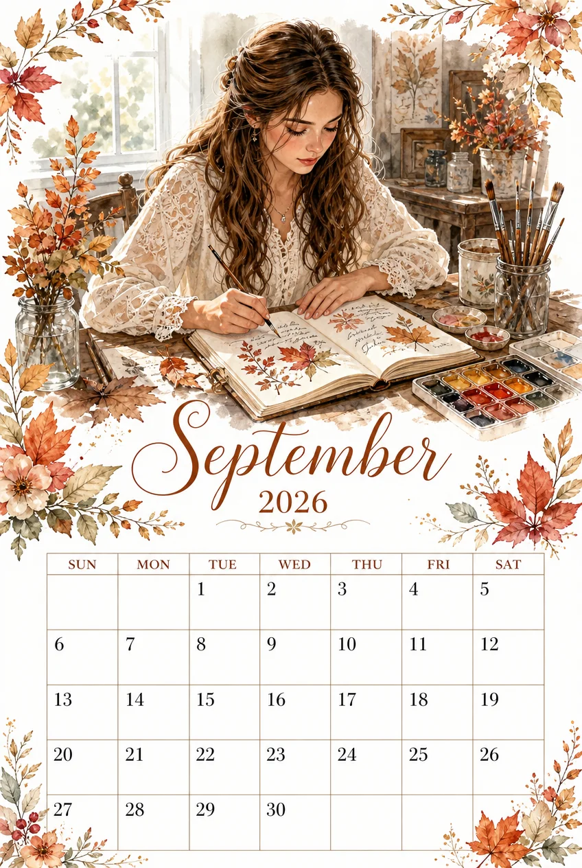 Printable watercolor nature journal studio calendar sheet