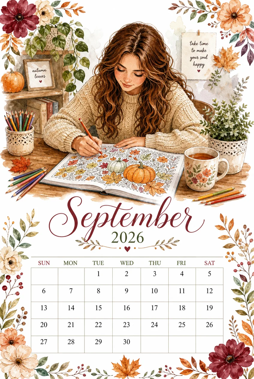 Printable watercolor autumn coloring book calendar sheet