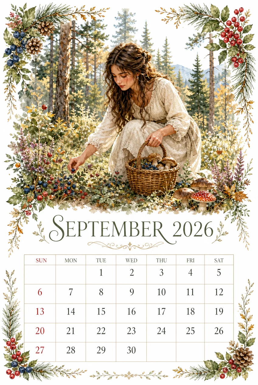 Printable watercolor forest berry foraging calendar sheet
