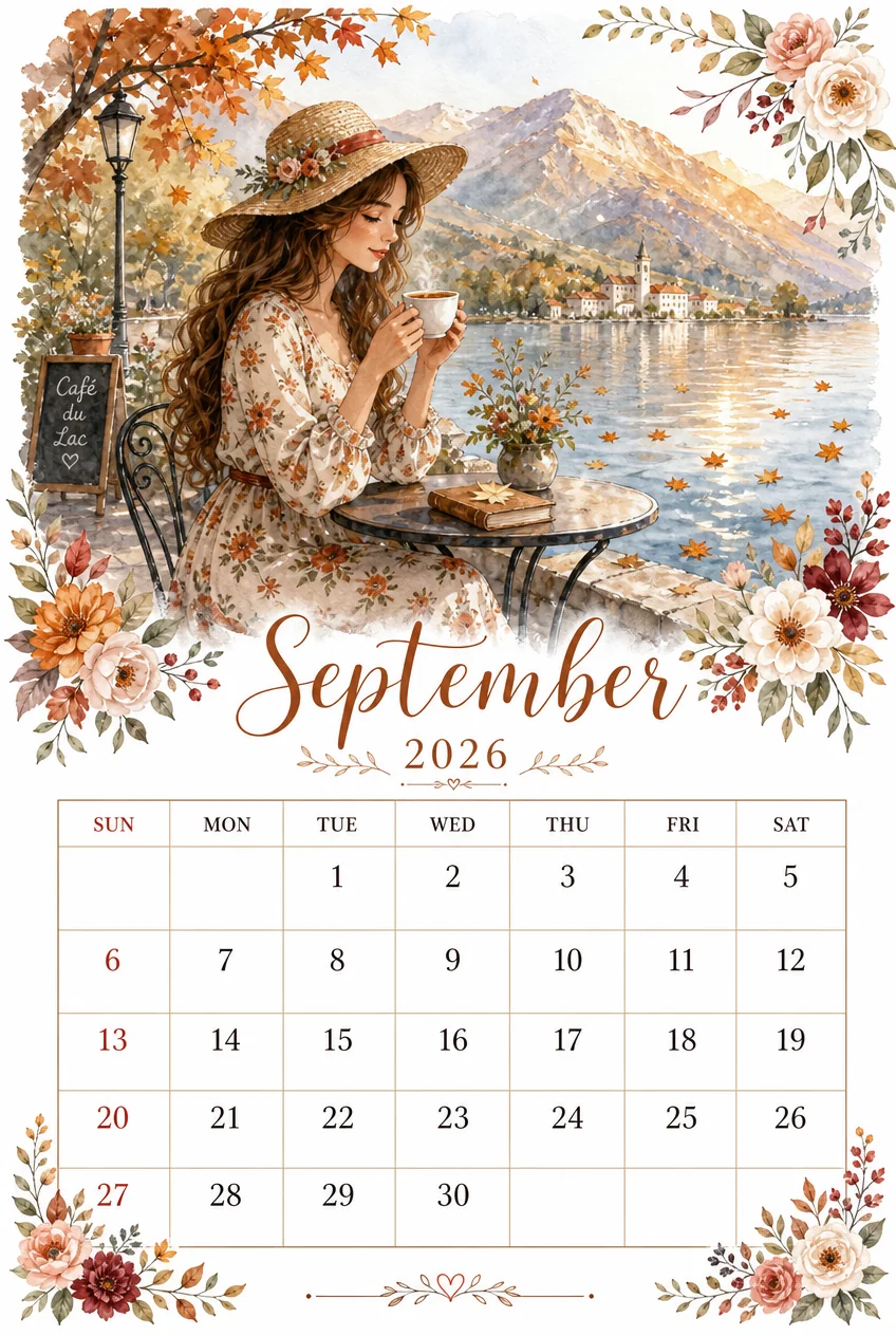 Printable watercolor alpine lakeside cafe calendar sheet