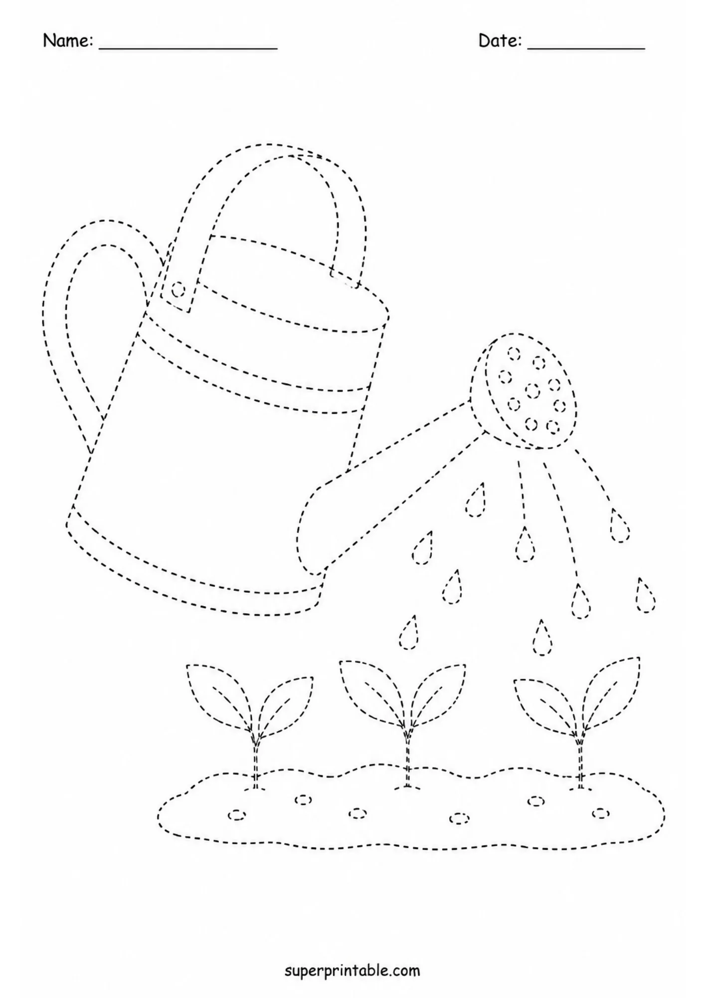 Watering can tracing page for garden tools activity worksheets featuring droplets pouring on small growing plants.