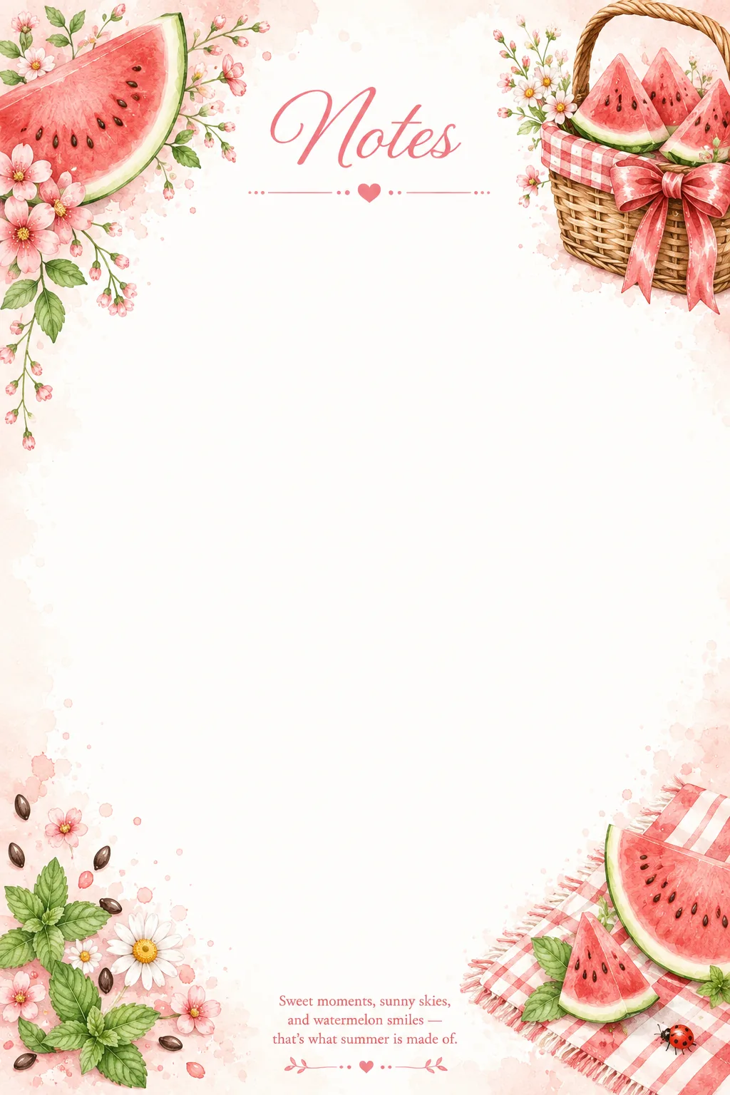 Watercolor watermelon slices, picnic basket and flowers surrounding a summer writing page.