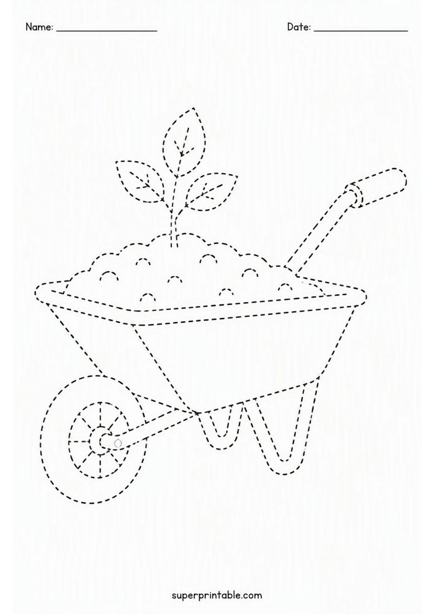 Detailed wheelbarrow line tracing sheet loaded with soil and a sprouting plant for garden-themed learning.