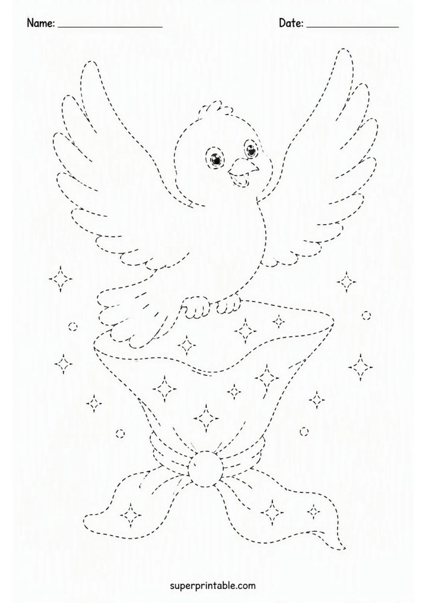 Line tracing page depicting a cute bird dove appearing from a magician