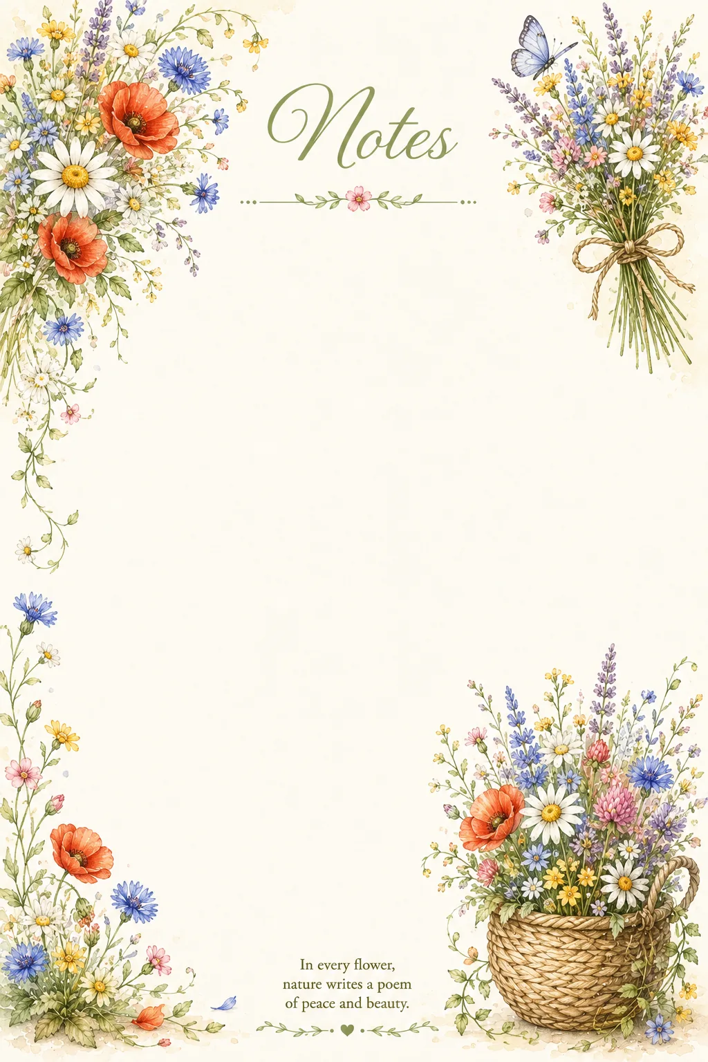 Wildflower bouquets, daisies, poppies and butterflies around a printable stationery page.