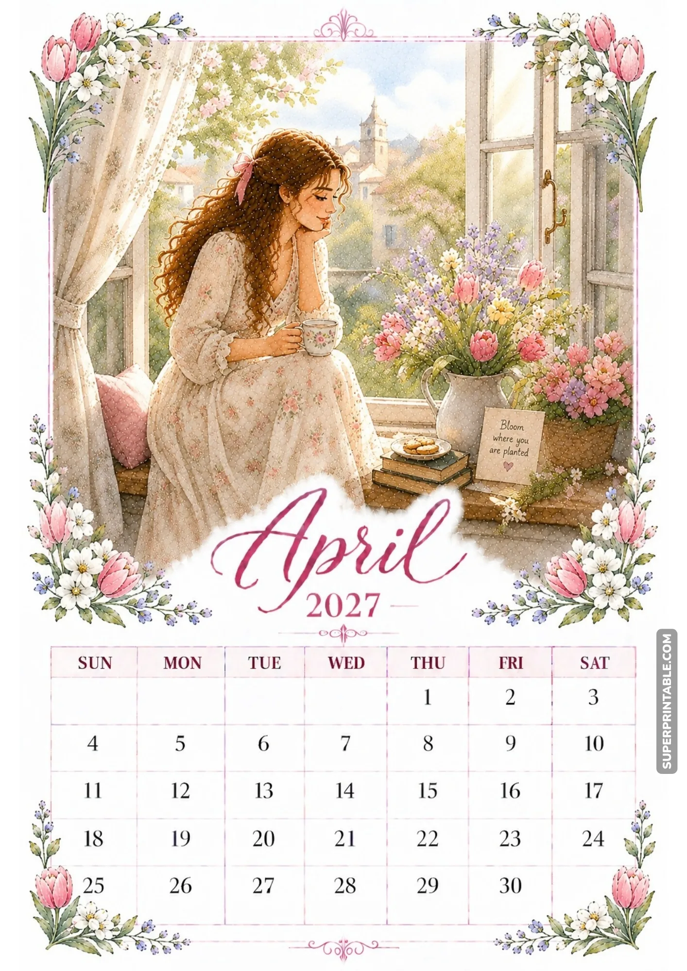 Woman holding a teacup on a sunny window seat next to a large vase of fresh spring flowers.