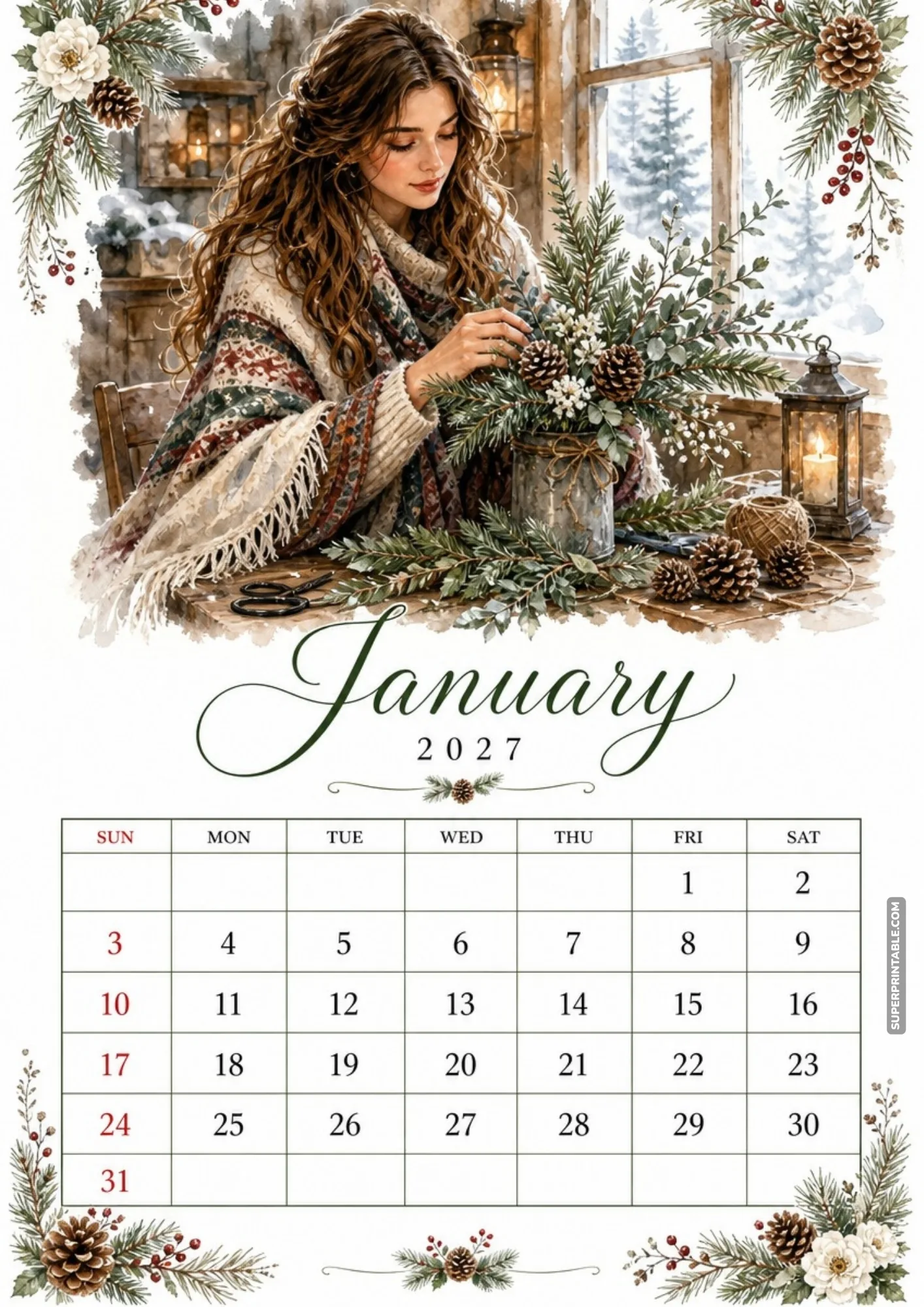 A woman in a patterned wrap arranges evergreen branches and pinecones in a vintage tin bucket on a table