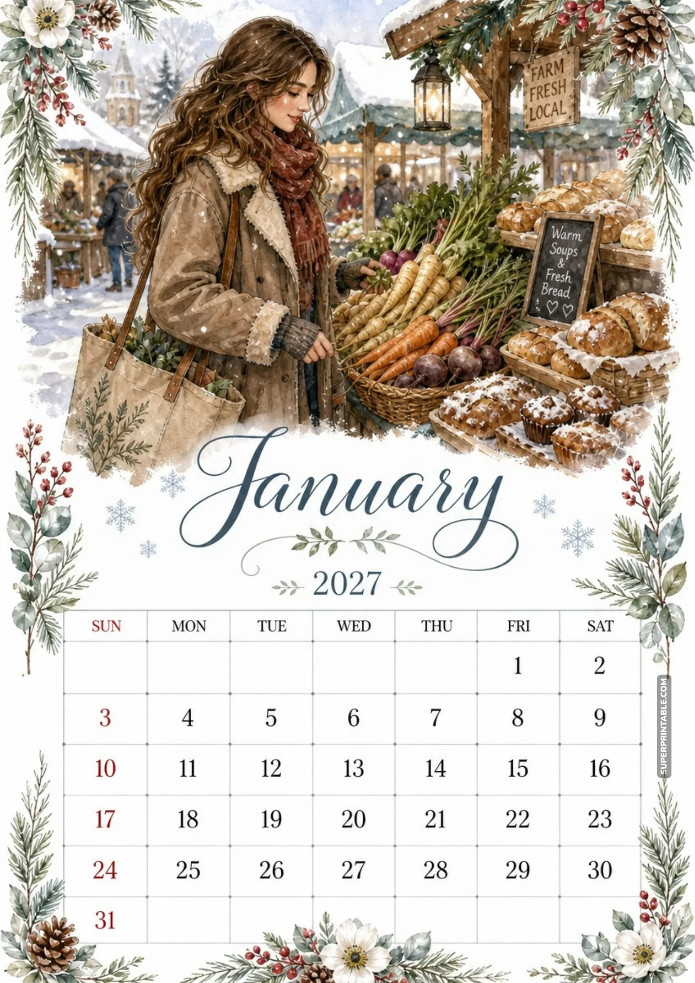 A woman shopping for fresh vegetables at a winter farmers market with baked goods and fresh bread on display