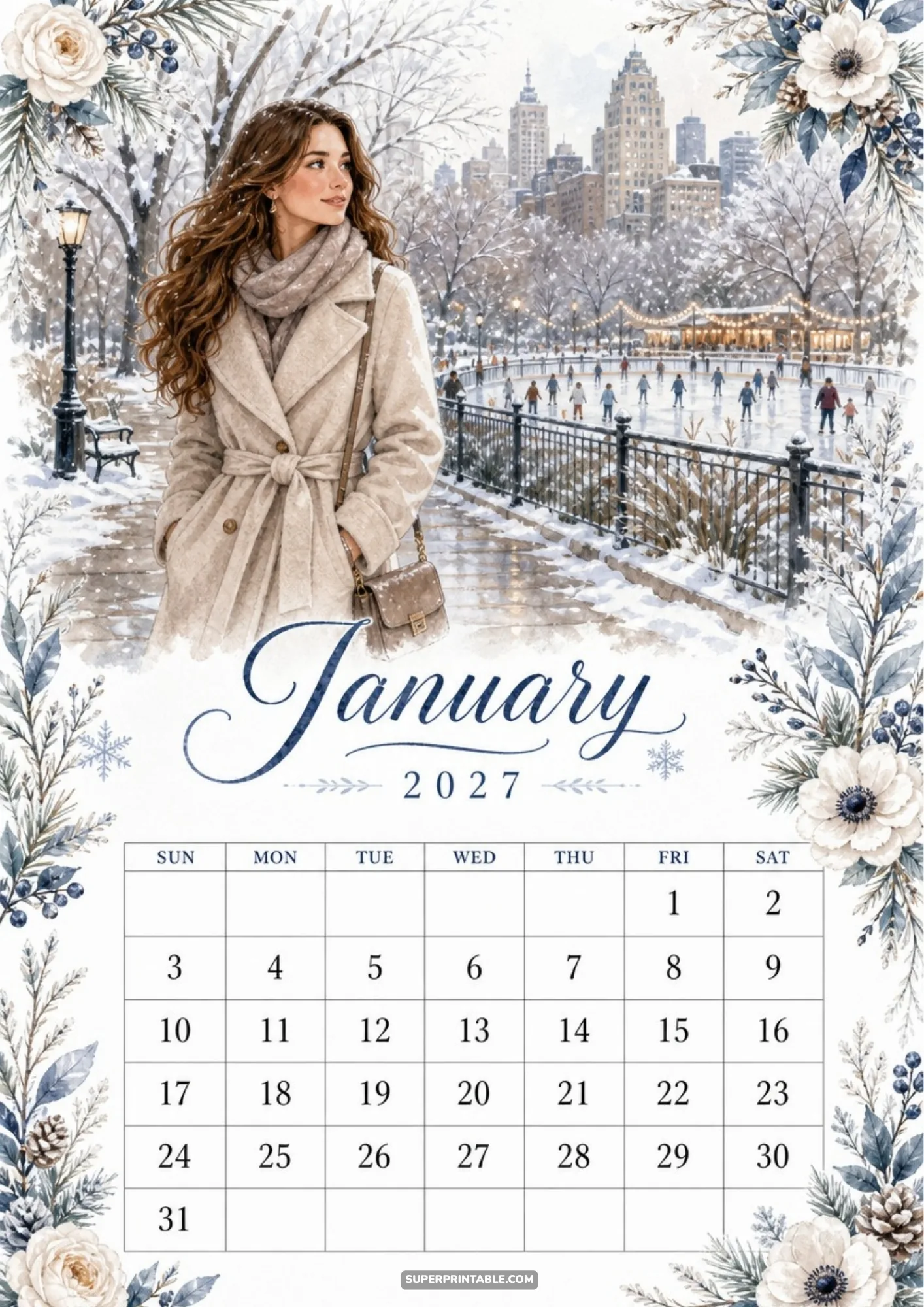 A woman in a warm beige coat stands near an outdoor winter ice rink with skaters in a snowy city park