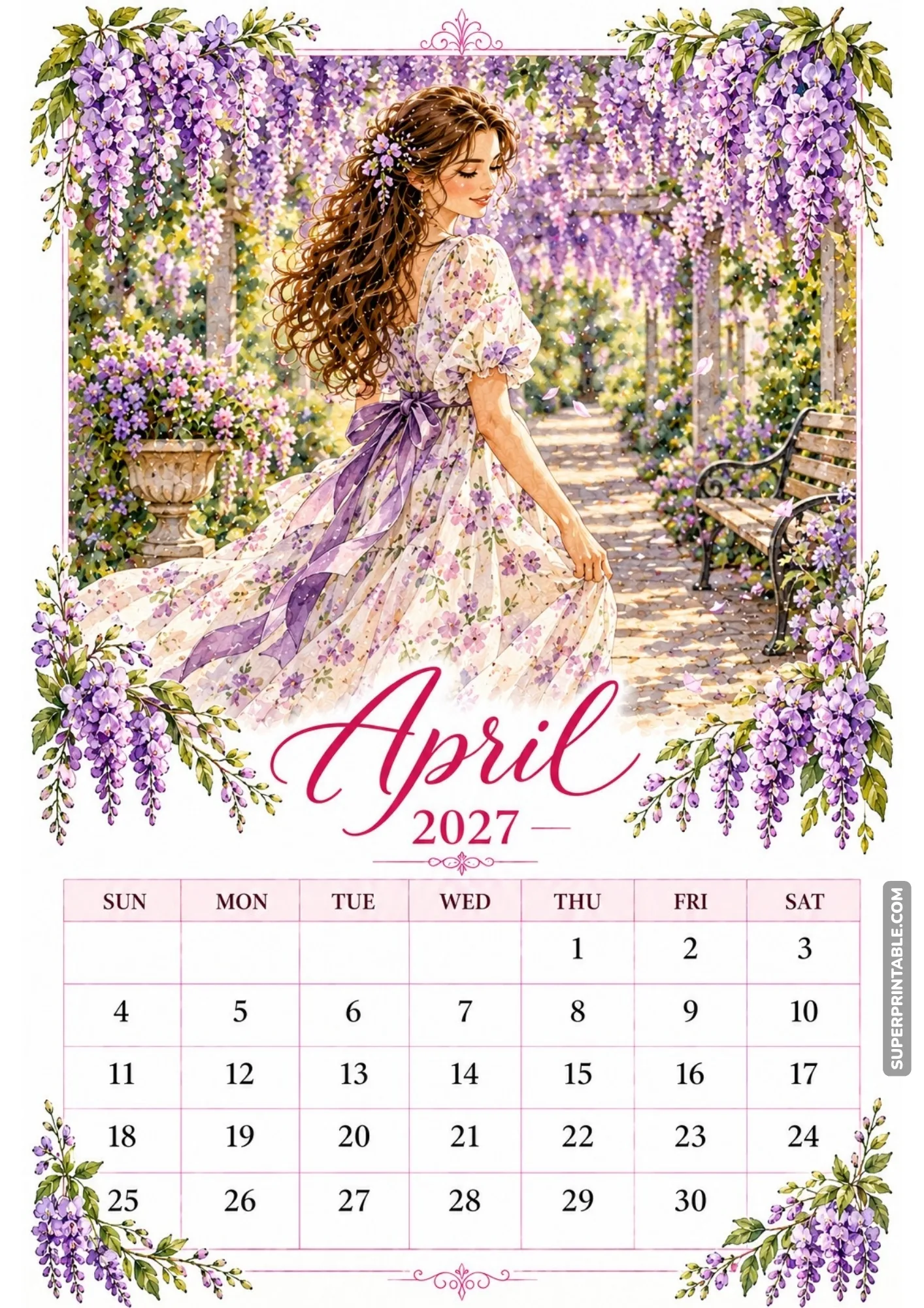 Woman strolling through a garden path beneath purple wisteria flowers hanging from a wooden arbor.