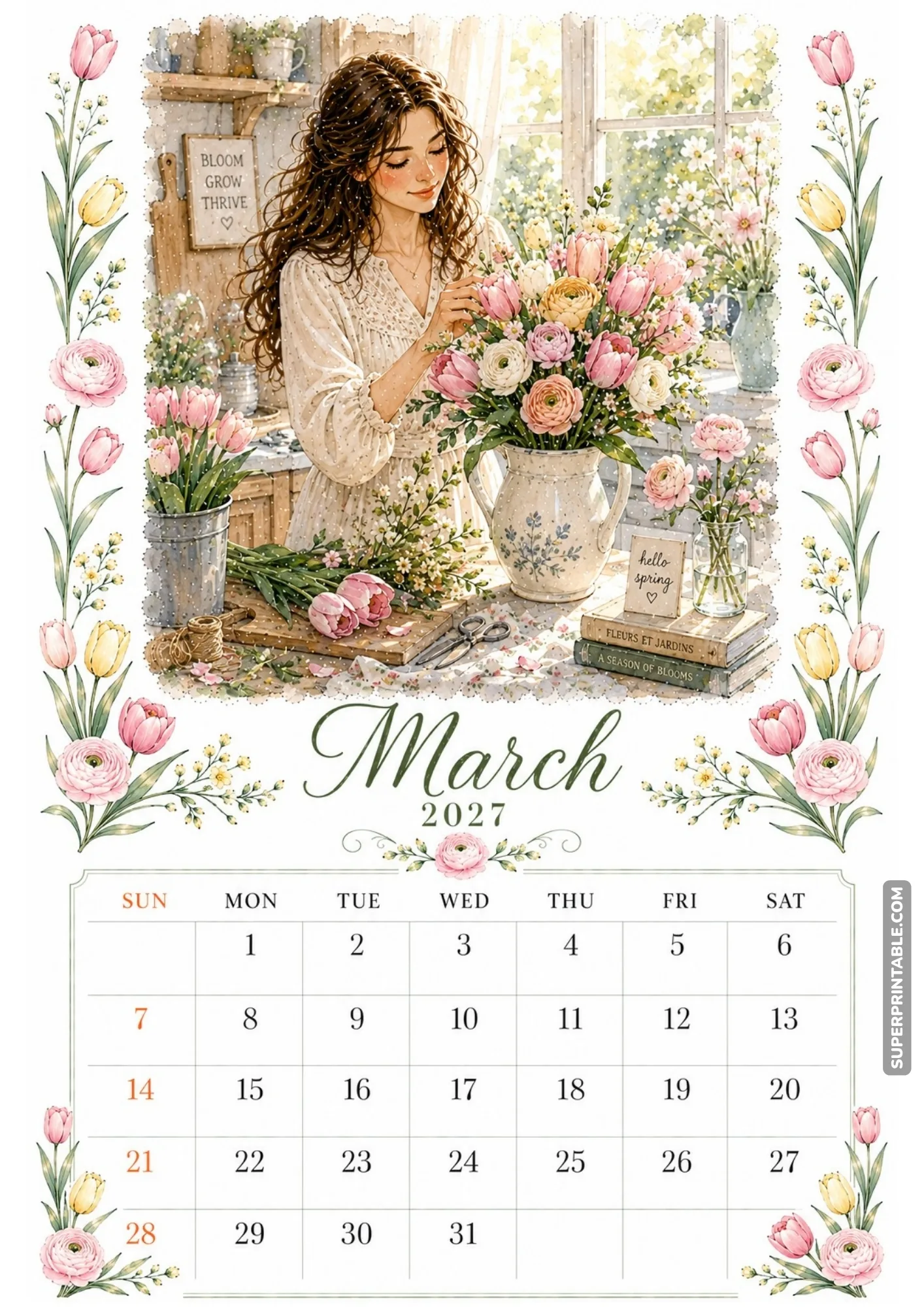 Watercolor illustration of a woman organizing fresh pink tulip arrangements for a monthly calendar layout.