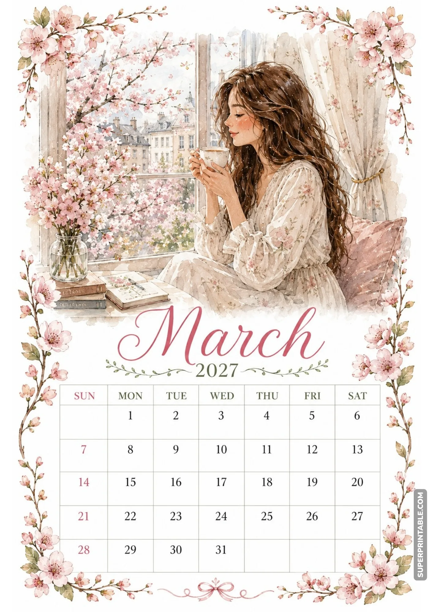 Rustic kitchen baking printable calendar design featuring a watercolor woman making spring berry tarts.