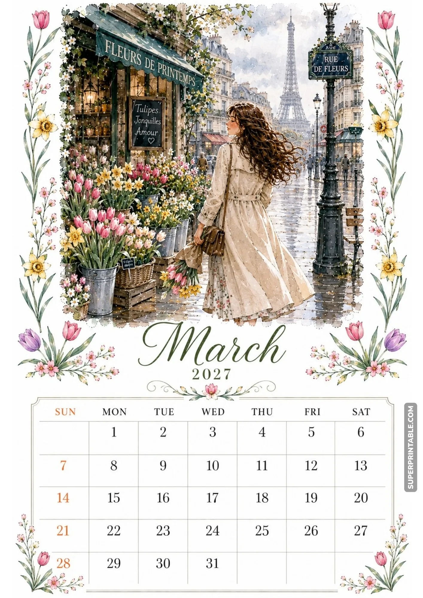Romantic cherry blossom trail printable calendar displaying a woman walking beneath soft pink blooming trees.