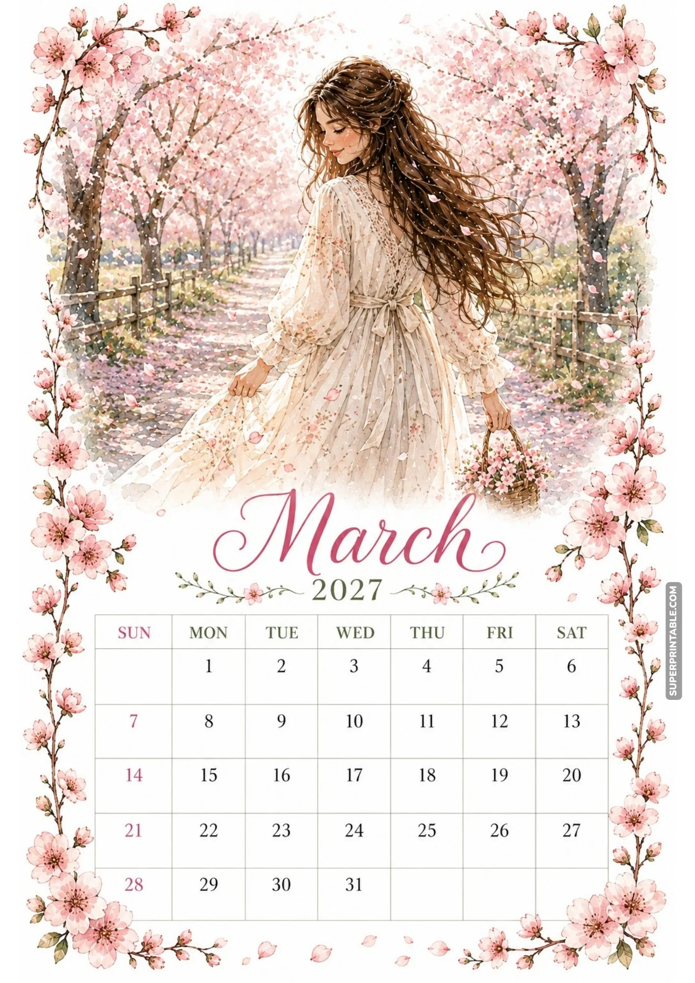 Cottage welcome monthly calendar page depicting a woman decorating her front door with a spring flower wreath.