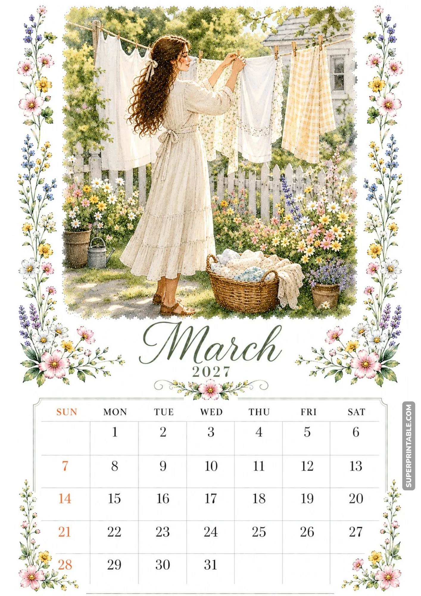 Easter holiday craft monthly calendar page with a watercolor illustration of a woman hand-painting pastel eggs.