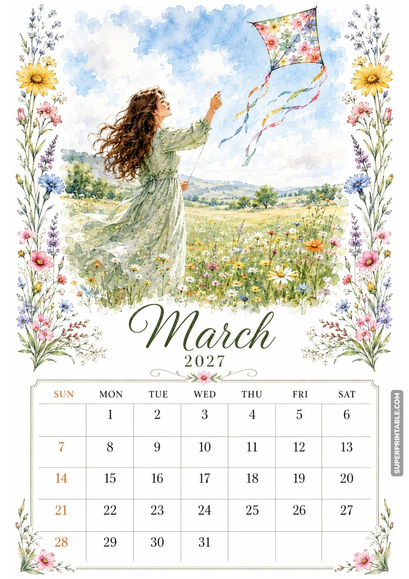 Colorful watercolor March 2027 calendar printable showing a young woman flying a floral kite across a wildflower meadow.