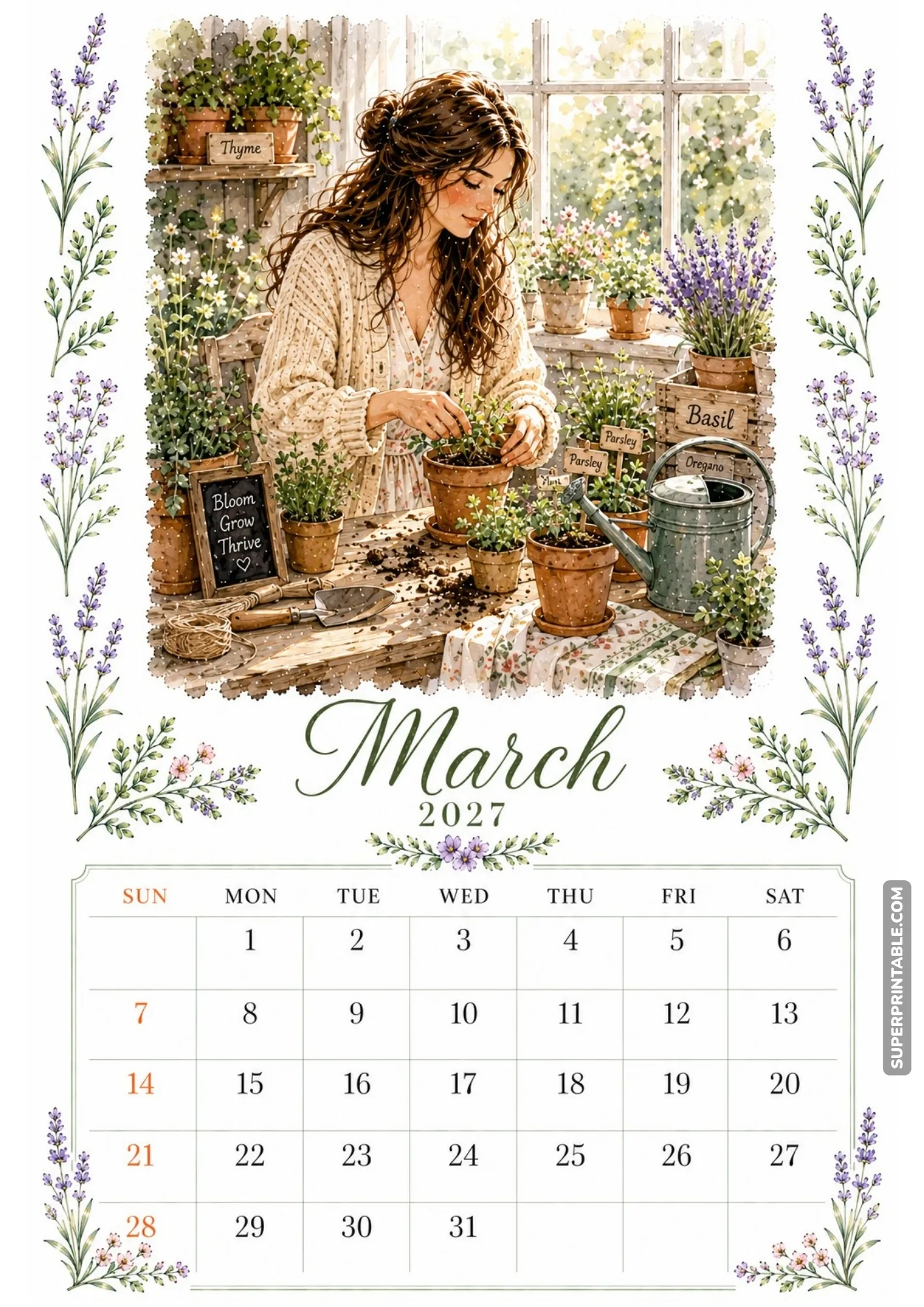 Monthly calendar page featuring a watercolor woman potting lavender and garden herbs in a rustic potted shed.