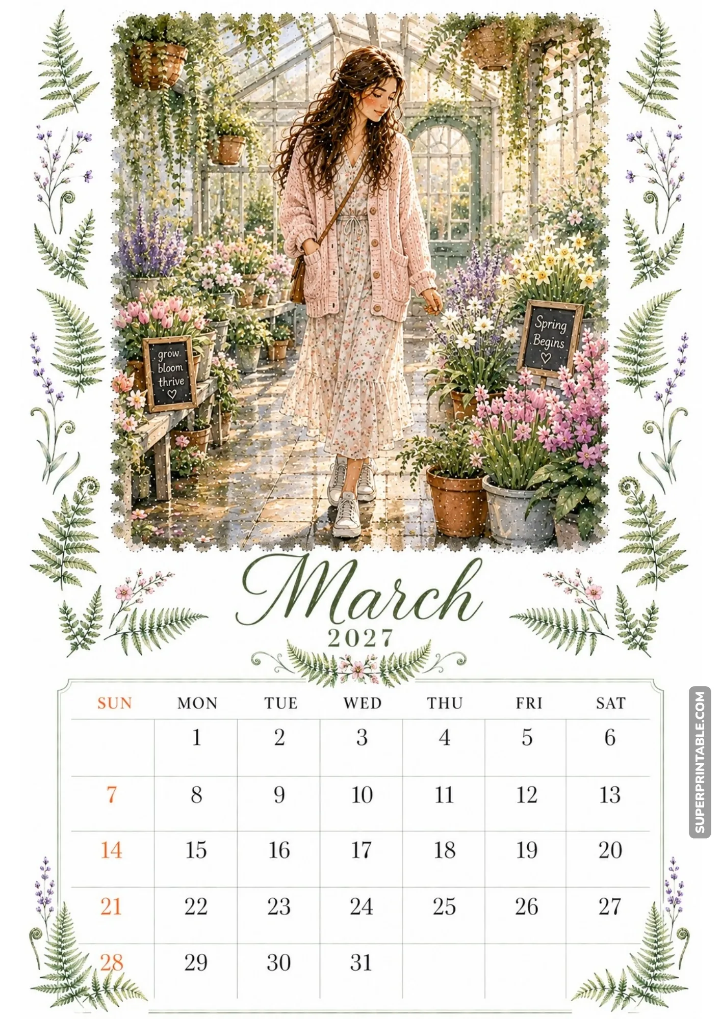 Sunlit greenhouse monthly calendar page featuring a watercolor woman admiring blooming potted garden plants.