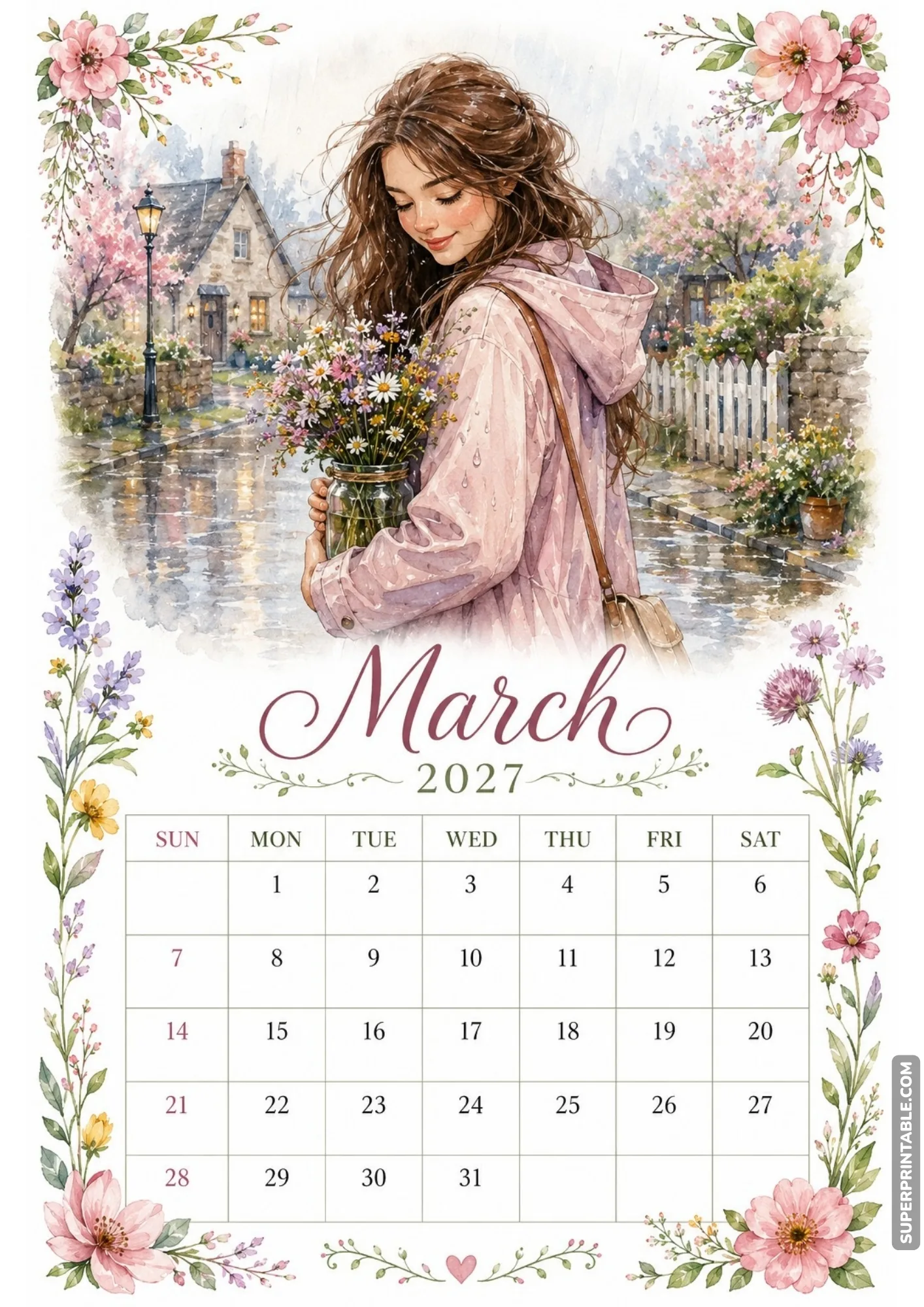 Soft rainy day watercolor calendar design showcasing a woman holding a jar of colorful spring wildflowers.