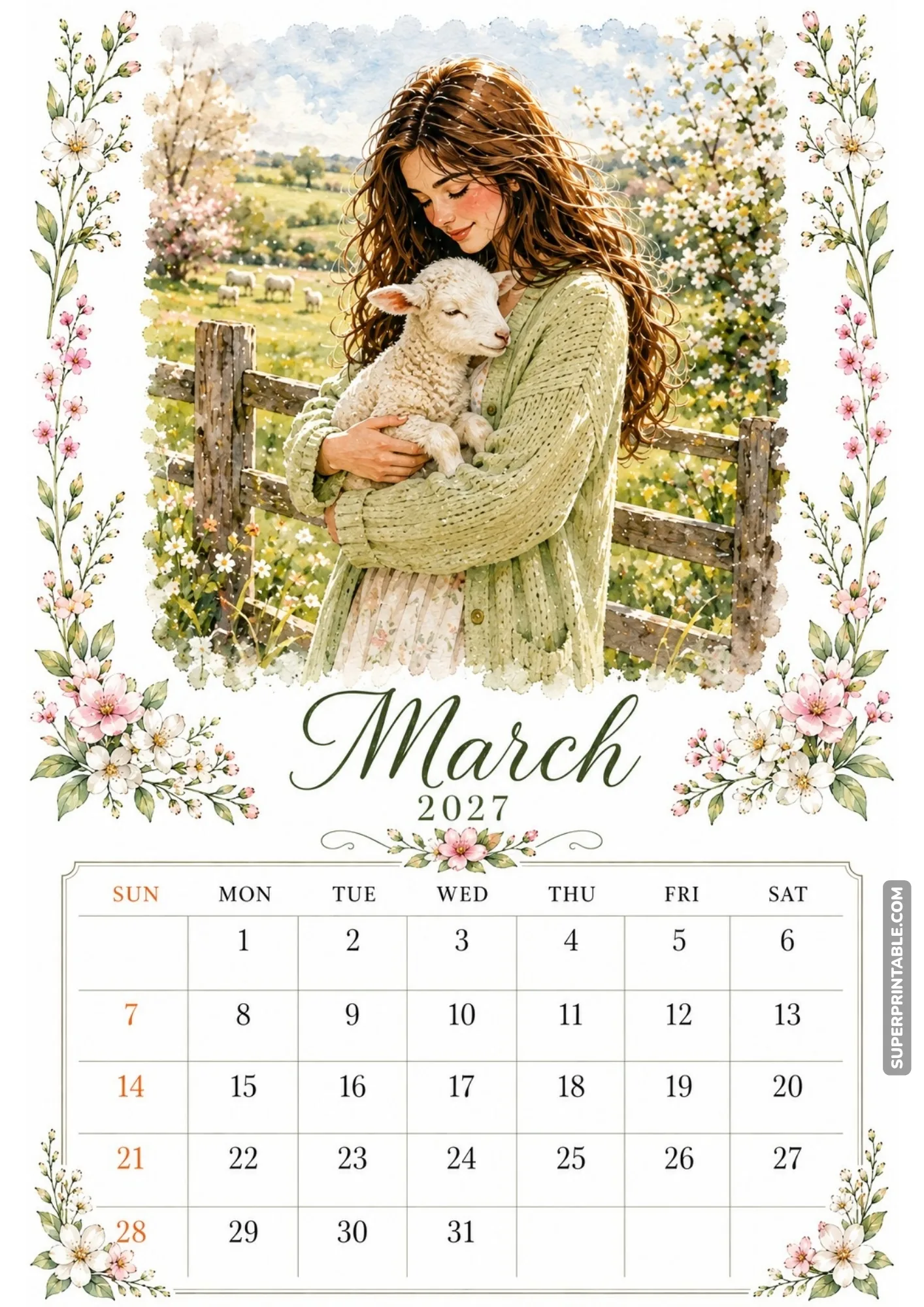 Country farm monthly calendar sheet displaying a heartwarming watercolor illustration of a young woman hugging a lamb.