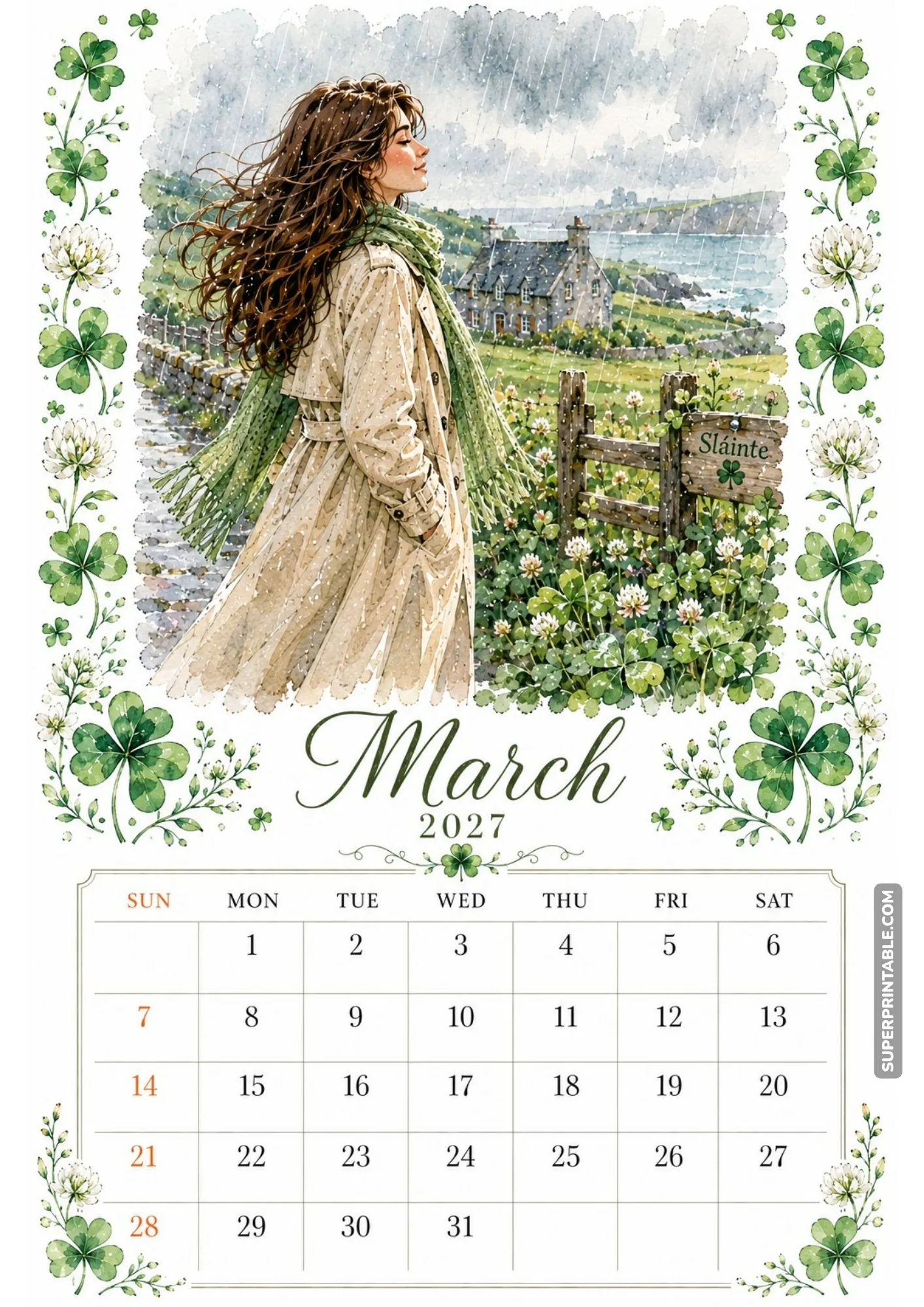 Irish coast watercolor calendar page illustrating a woman on a scenic seaside path bordered by green clovers.