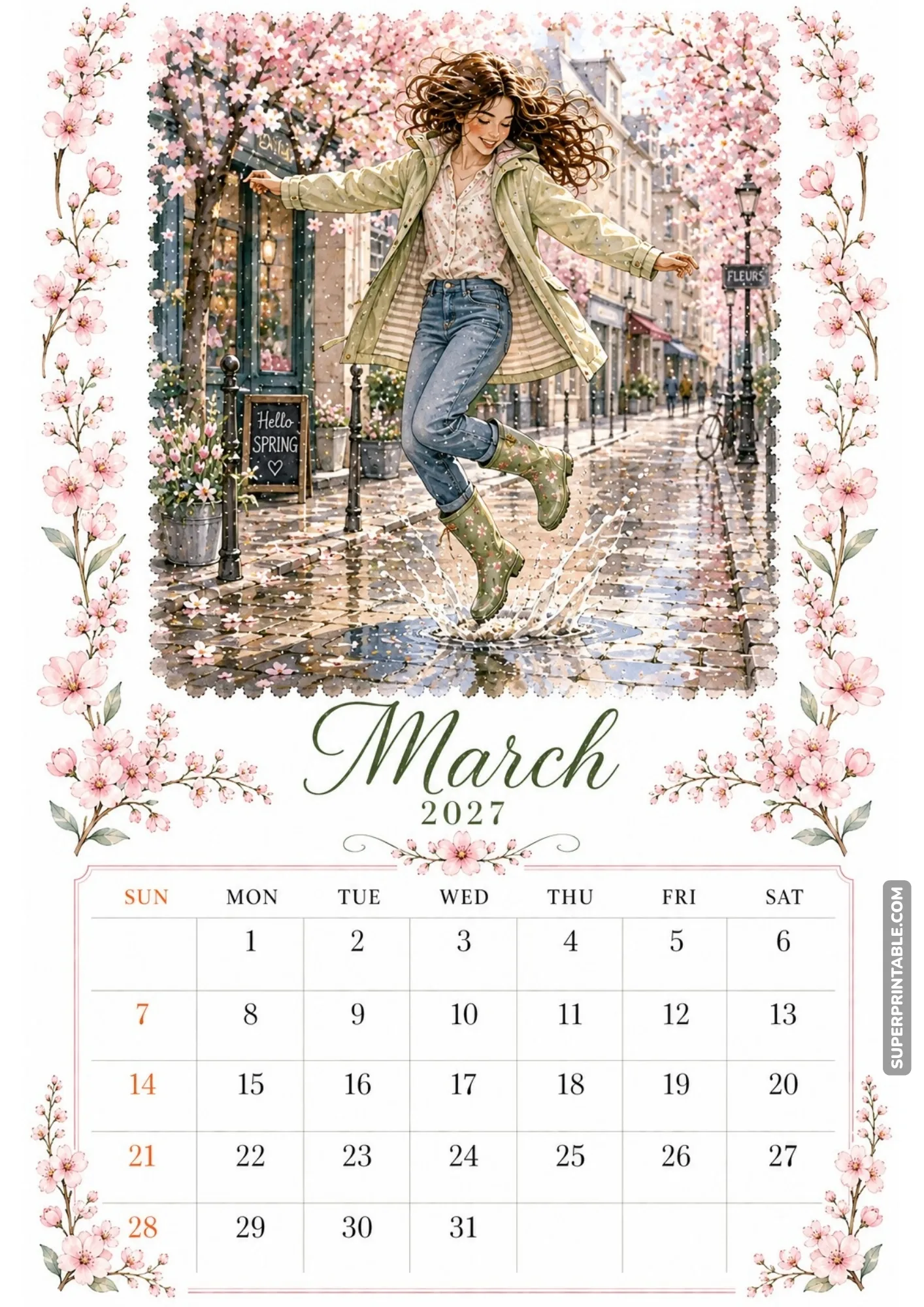 Watercolor March 2027 calendar printable showing a woman jumping over a street puddle surrounded by pink cherry blossoms.