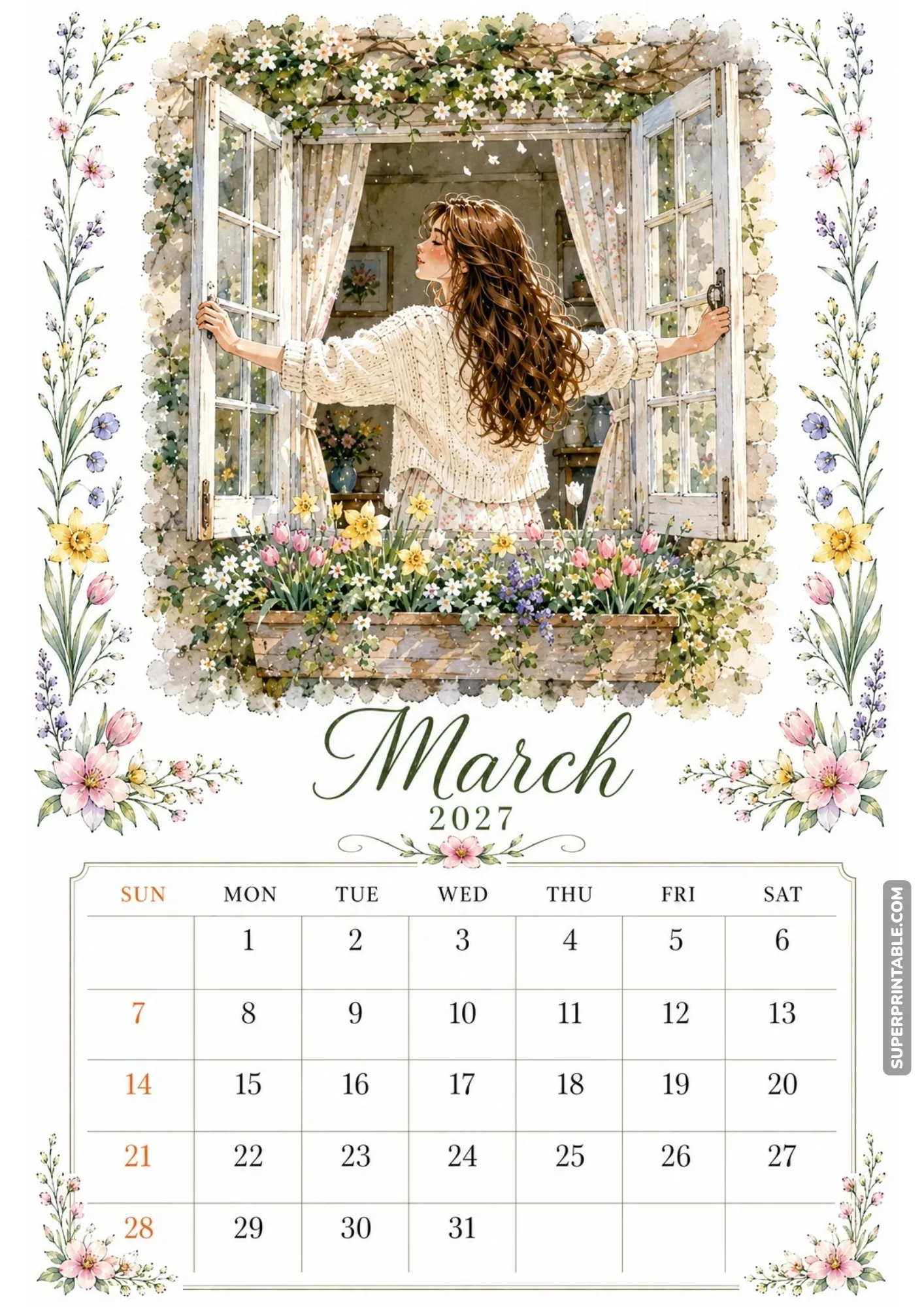 Printable monthly calendar page with a watercolor illustration of a girl opening cottage windows to spring blooms.