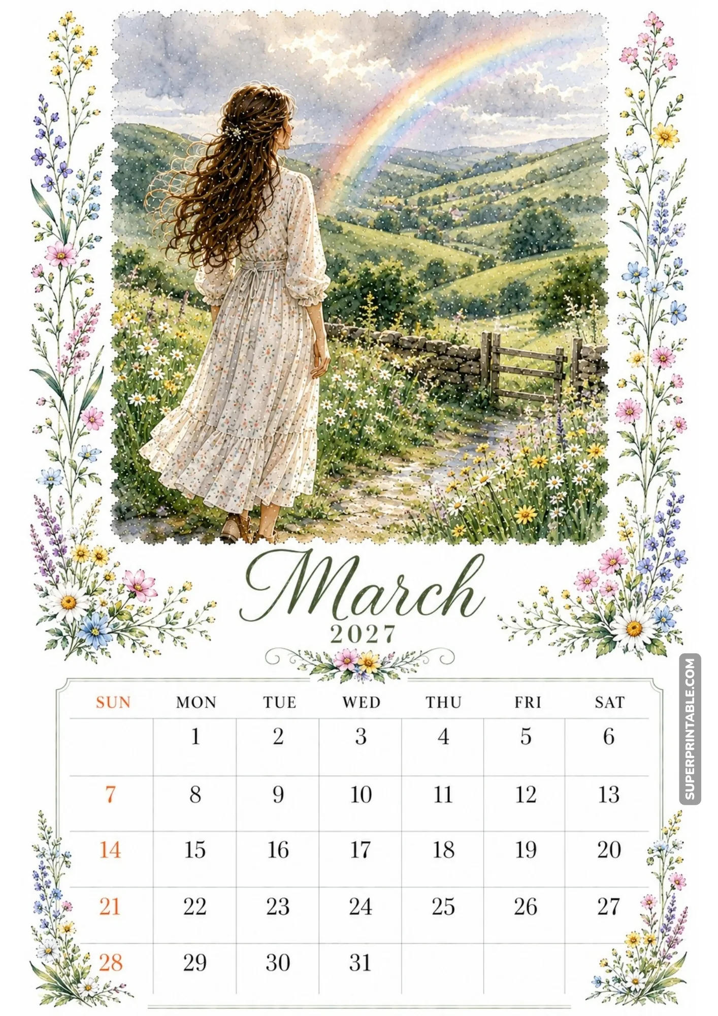 Daffodil picking monthly calendar sheet depicting a woman filling a basket with bright spring flowers.