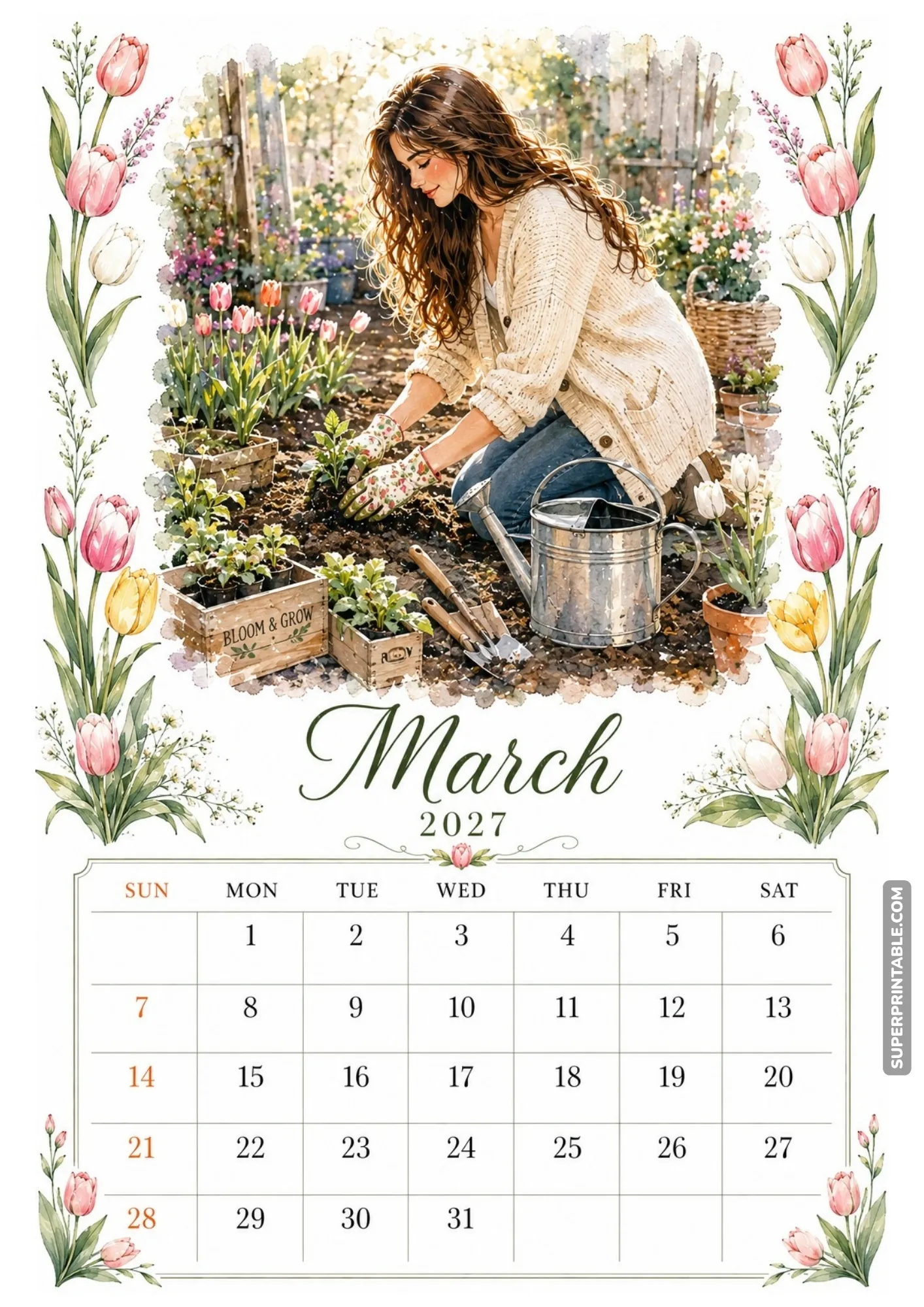 Monthly calendar sheet showing a watercolor depiction of a woman planting flowers in rich garden soil.
