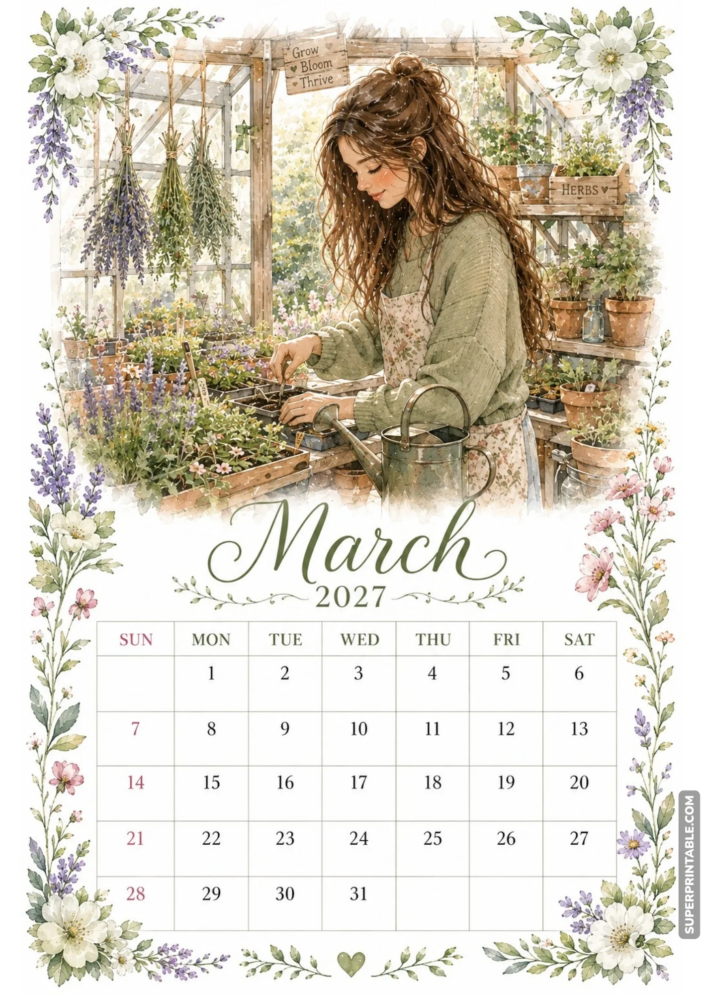 Botanical garden monthly calendar sheet showing a woman potting green herbs at a wooden garden table.
