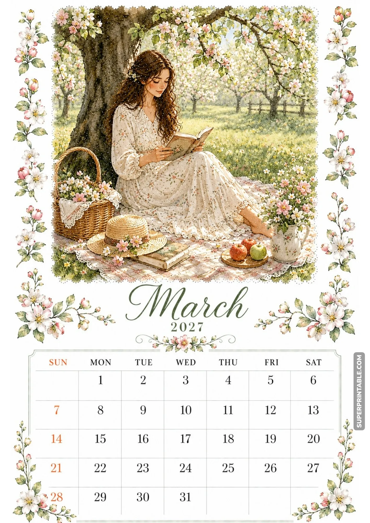 Peaceful garden calendar layout of a woman reading on a picnic blanket under a blooming shade tree.