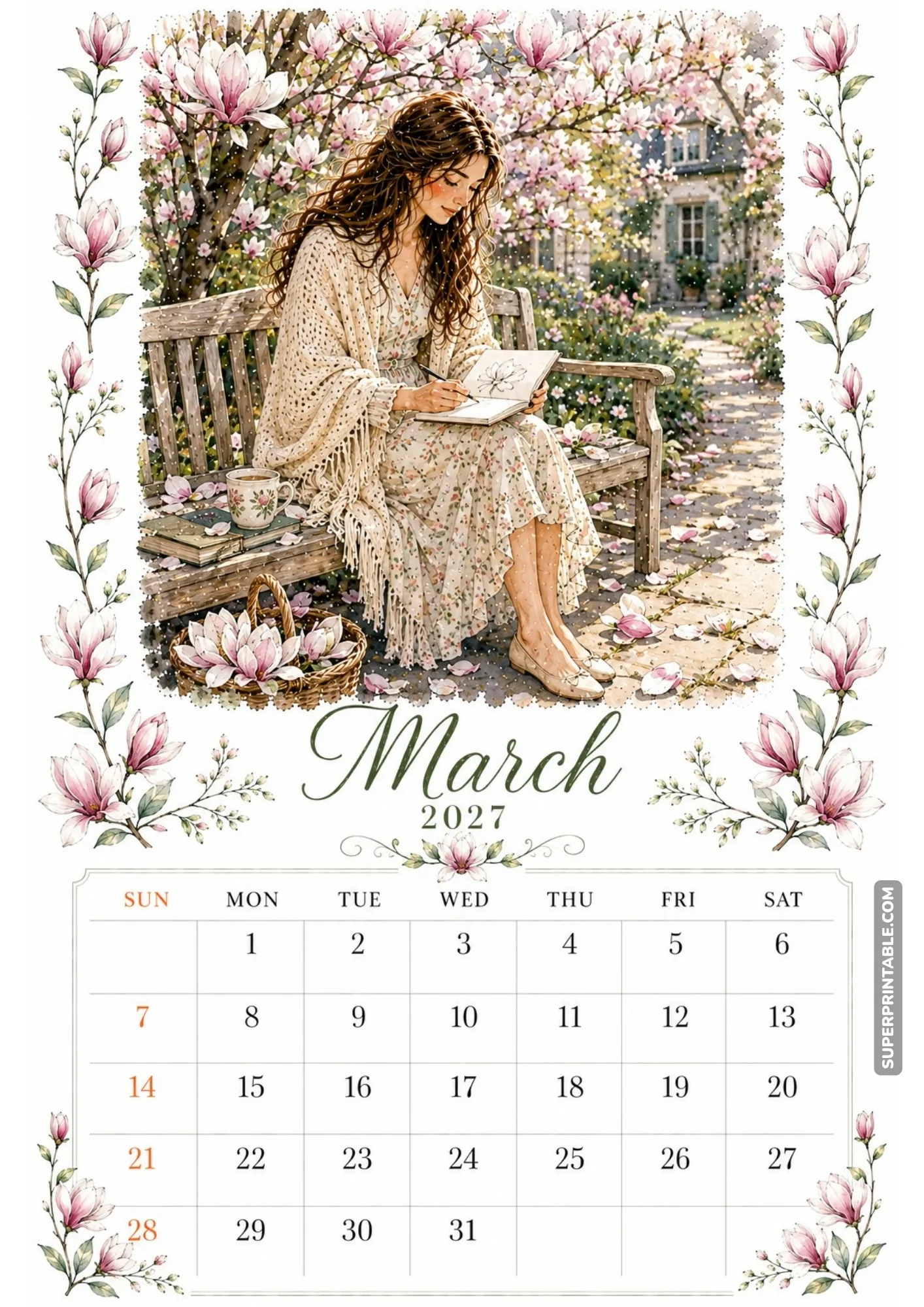 Cozy window seat printable calendar sheet showing a girl reading by a rain-streaked window with garden views.