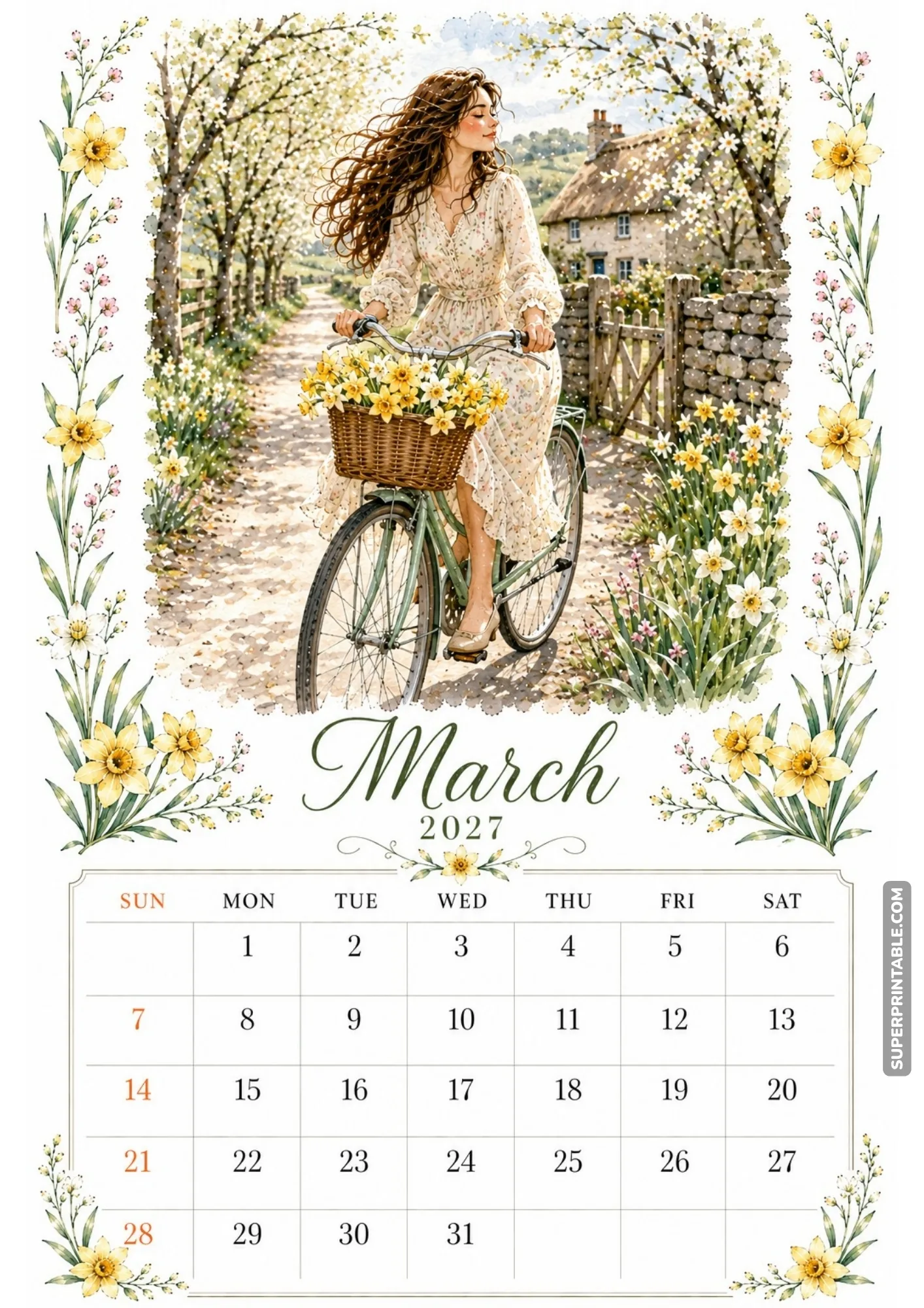 Vintage-style monthly printable calendar featuring a watercolor girl riding a bicycle packed with yellow daffodils.