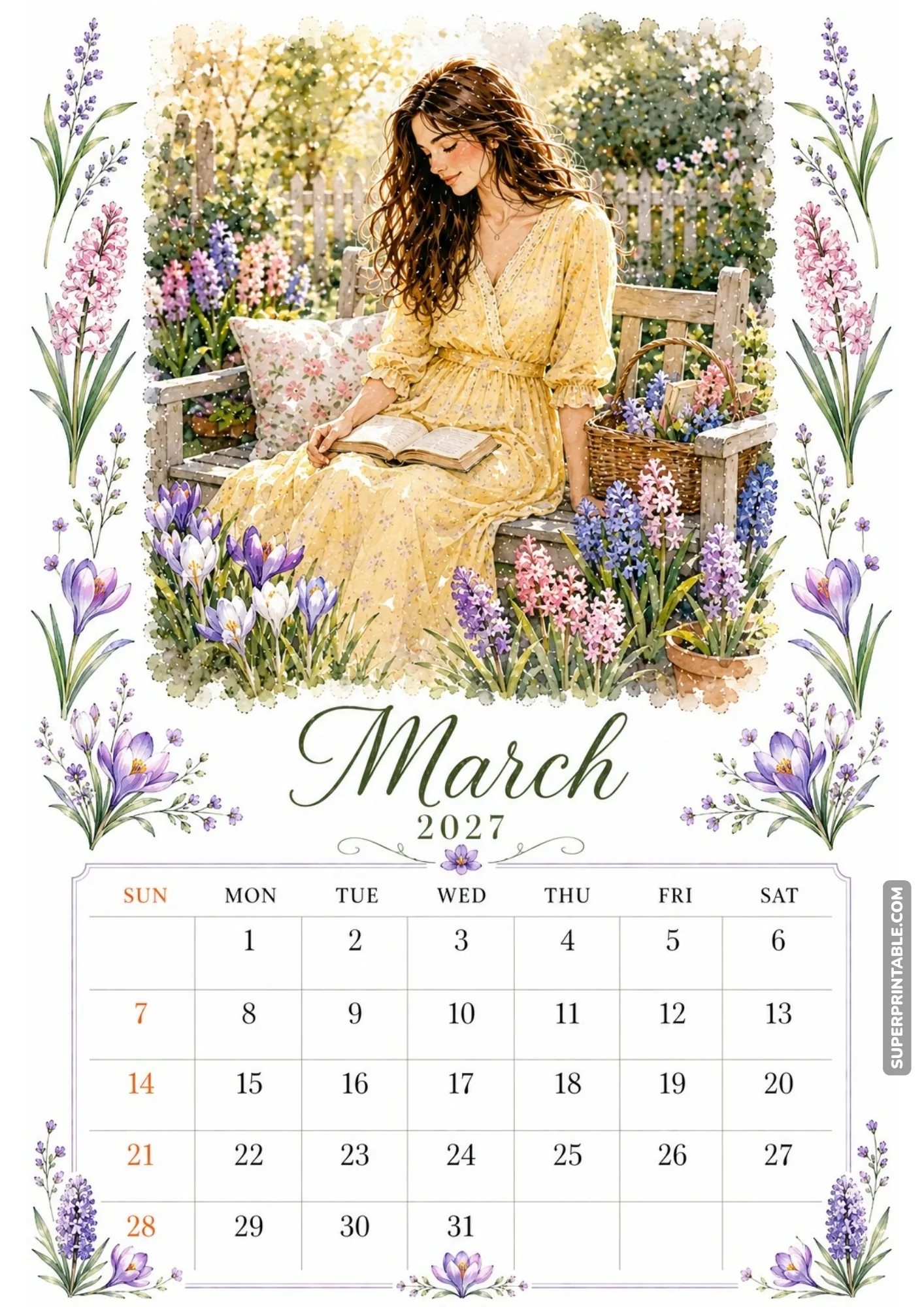 Purple crocus garden watercolor monthly calendar page with a relaxed girl reading on a wooden bench.