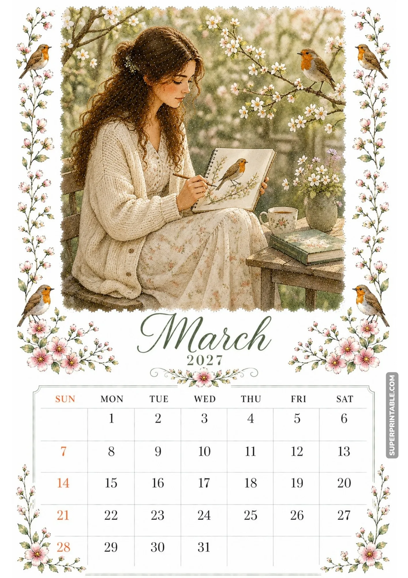 Artistic watercolor monthly calendar print showing a creative woman sketching spring garden flowers in an open meadow.