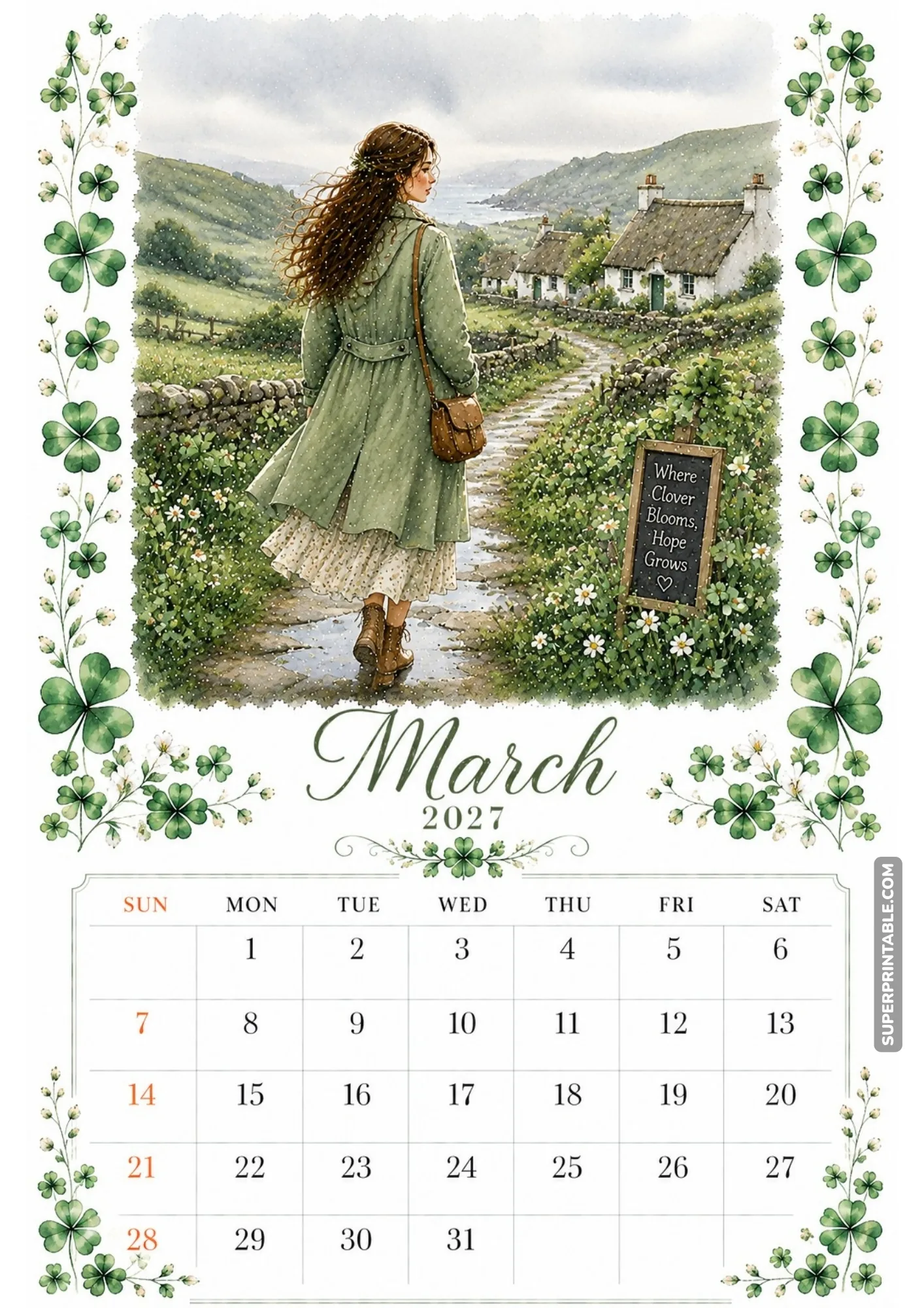 St. Patricks theme calendar page with watercolor artwork of a woman walking a lush clover path to coastal cottages.