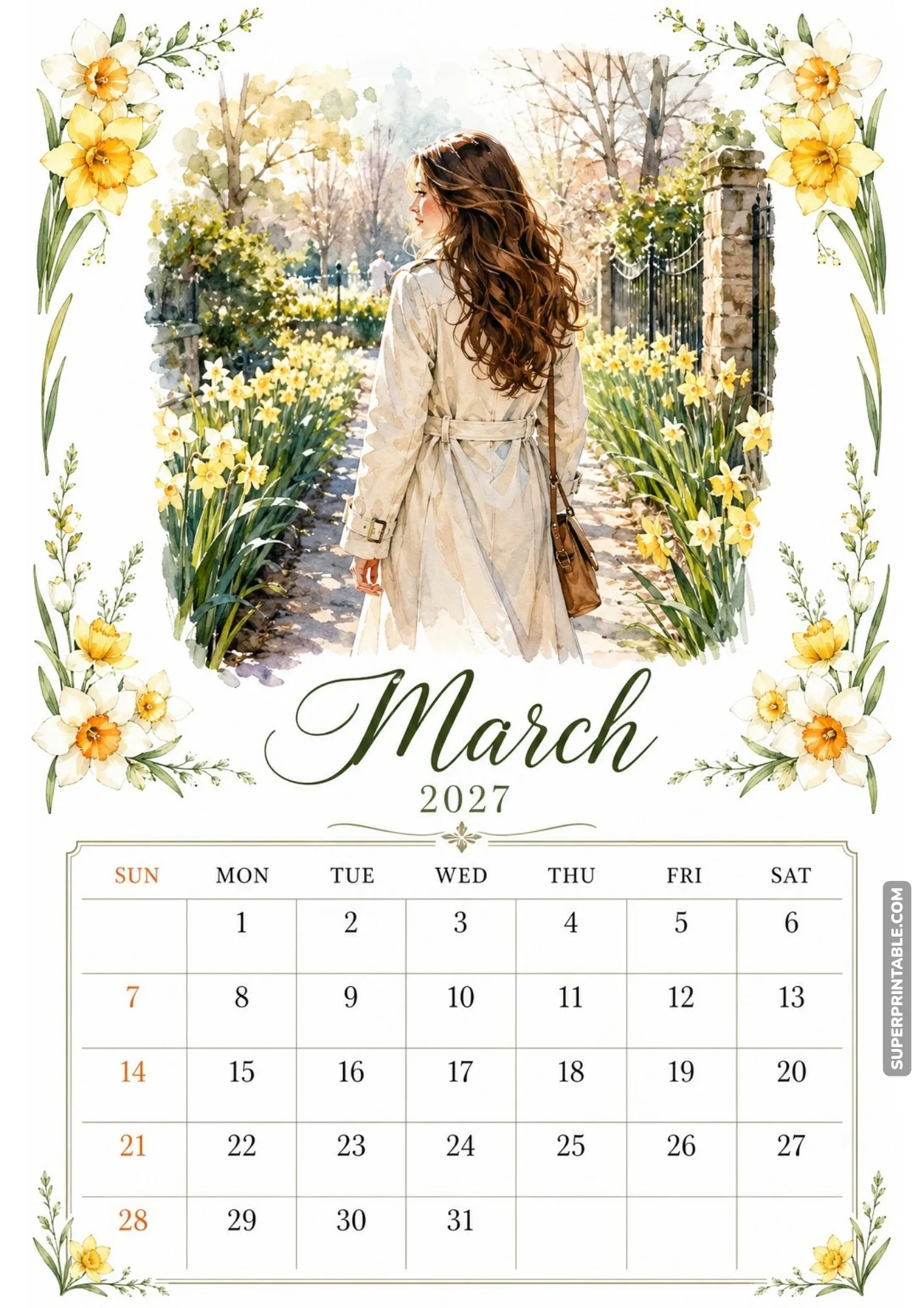 Watercolor floral calendar print showing a woman walking through a serene stone garden lane bordered by golden daffodils.